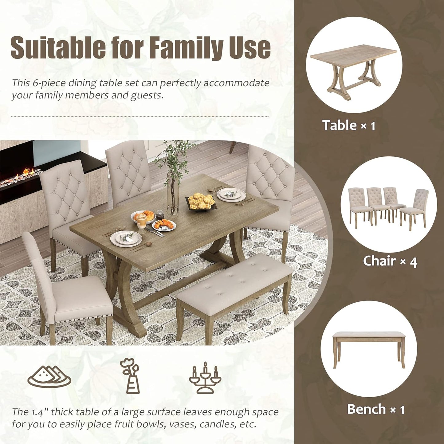 Ball & Cast Dining Table Set for 6, 60" Rectangular Dining Room Table with 4 Upholstered Chairs and 1 Bench, 6-Piece Farmhouse Dining Furniture Set with Solid Wood Legs for Kitchen,Natural Wood Wash