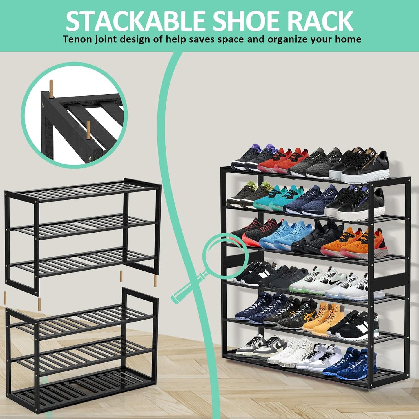 Bamboo Shoe Rack for Closet, Stackable 3 Tier Longer Shoe Organizer Shelf Holder Storage 12-15 Pairs for Entryway Door Hallway Bedroom Garage Space Saving Foldable Black