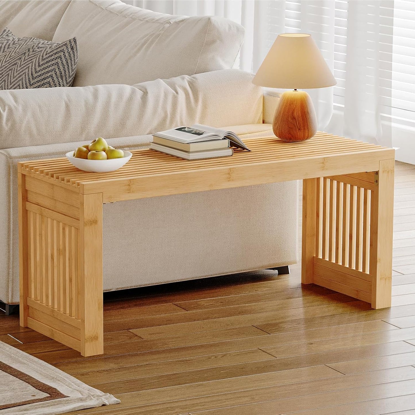 HOOBRO Dining Bench, 35 inch Bamboo Entryway Bench, Farmhouse Kitchen Table Bench, Outdoor Bench, Solid Bamboo Dining Room Benches for Kitchen, Living Room, Hallway, Bedroom, Natural YL16CD01