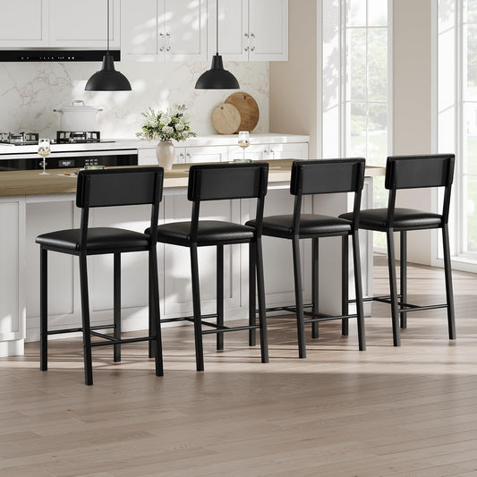 Garvee Bar Stools Set of 4, Kitchen Barstools with Thick Cushion, 25 Inch Counter Height Bar Stools with Backrest and Footrest, for Dining Room, Kitchen Island Counter Chairs, Retro Black