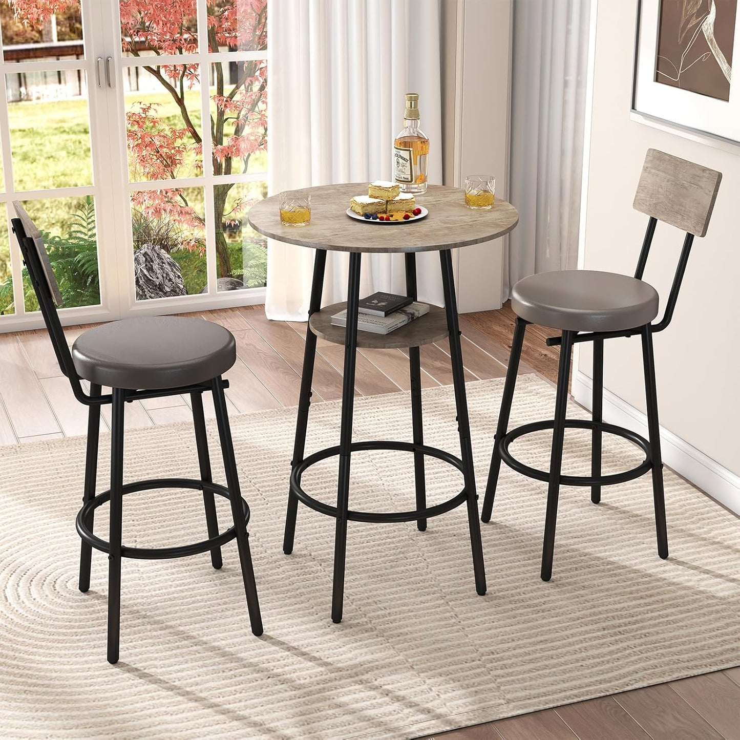3 Pieces Round Bar Table and Chairs Set, Small Dining Table for 2, Kitchen Bar Table, Breakfast Table with Storage, 2 Thickened Cushion Stools with Backrest for Dining Room & Bistro-Grey