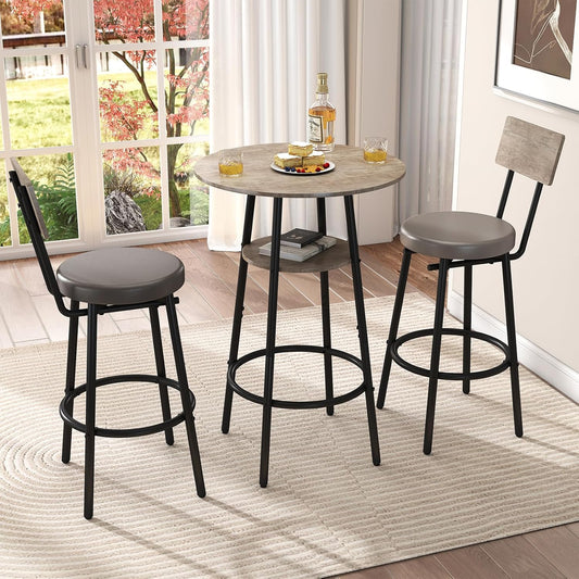 3 Pieces Round Bar Table and Chairs Set, Small Dining Table for 2, Kitchen Bar Table, Breakfast Table with Storage, 2 Thickened Cushion Stools with Backrest for Dining Room & Bistro-Grey