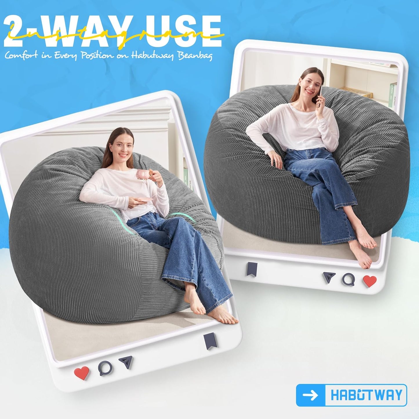 HABUTWAY 5FT Bean Bag Chair,Giant Bean Bag Chairs for Adults,Big Bean Bags with Memory Foam Filled, Large Beanbag Chairs with Soft Corduroy Cover-Grey