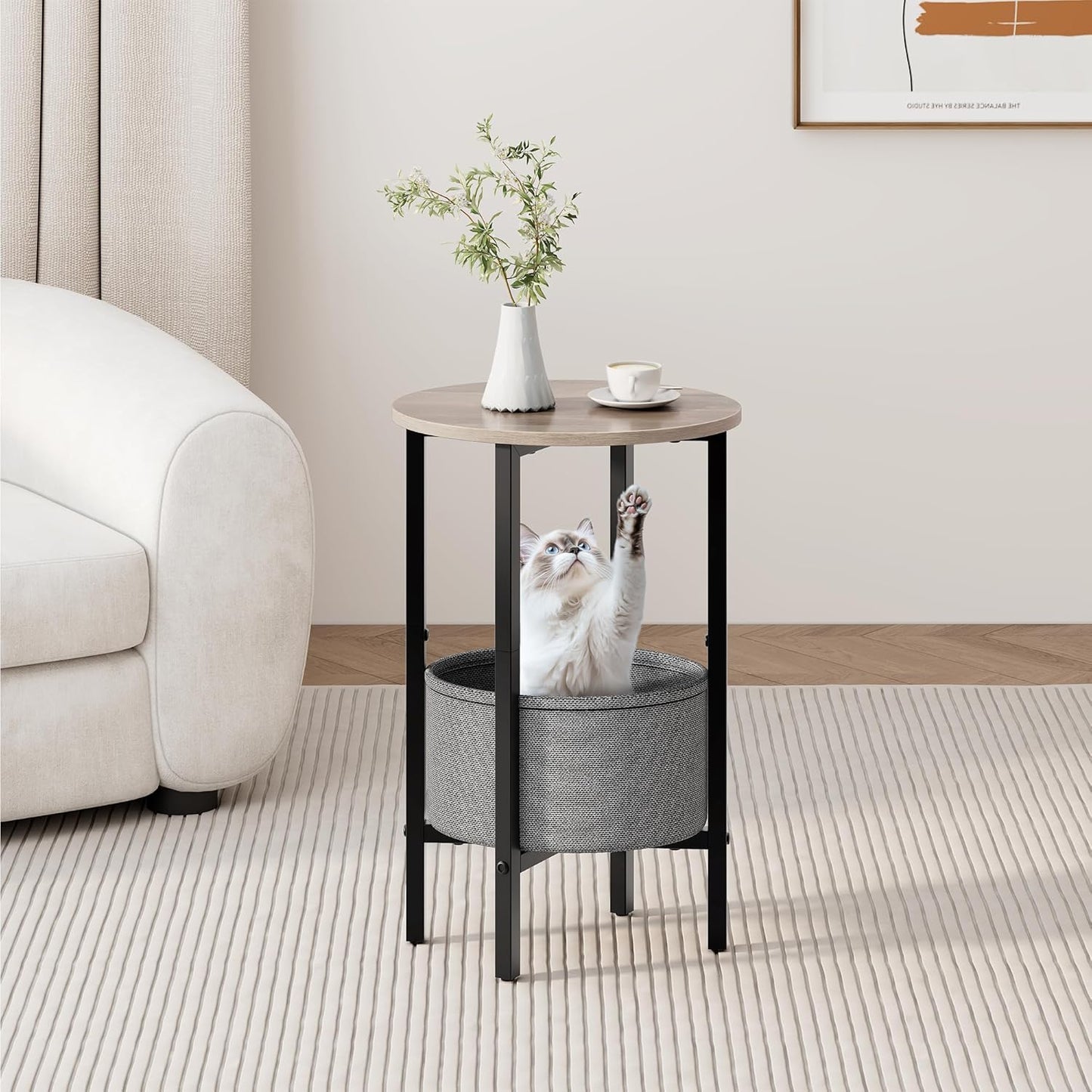 Vagusicc Round Side Table End Table with Storage Basket, Small Side Table Round Nightstand for Small Spaces, Tall Oval End Table with Steel Frame, Coffee Bedside Table for Living Room Bedroom, Greige