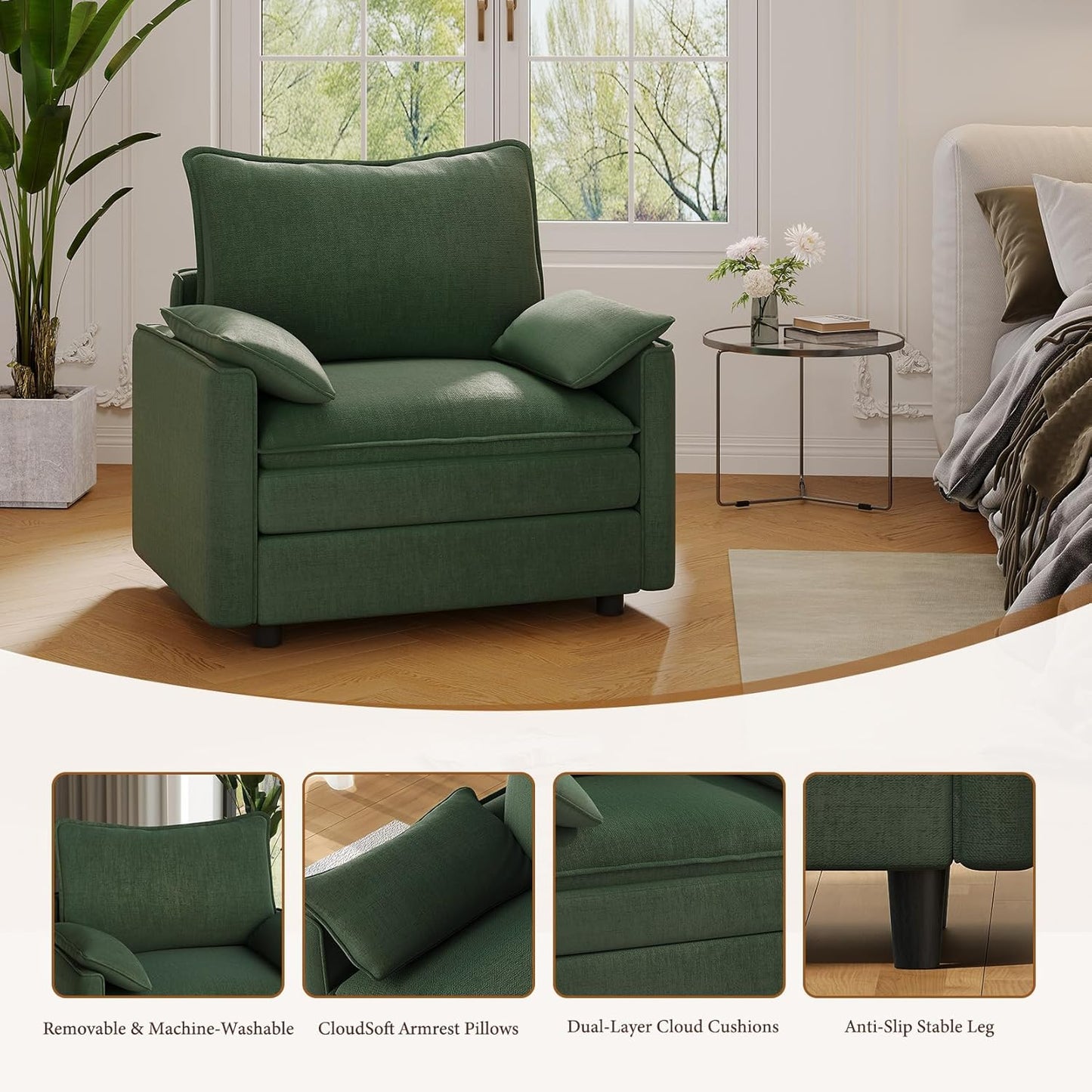 Vesgantti 40" Single Seat Sofa, Comfy Cloud Couch Deep Seat Upholstered Couch Chenille Modern Sofa with Armrest Pillow, Easy Assembly for Living Room, Bedroom and Apartment, Green