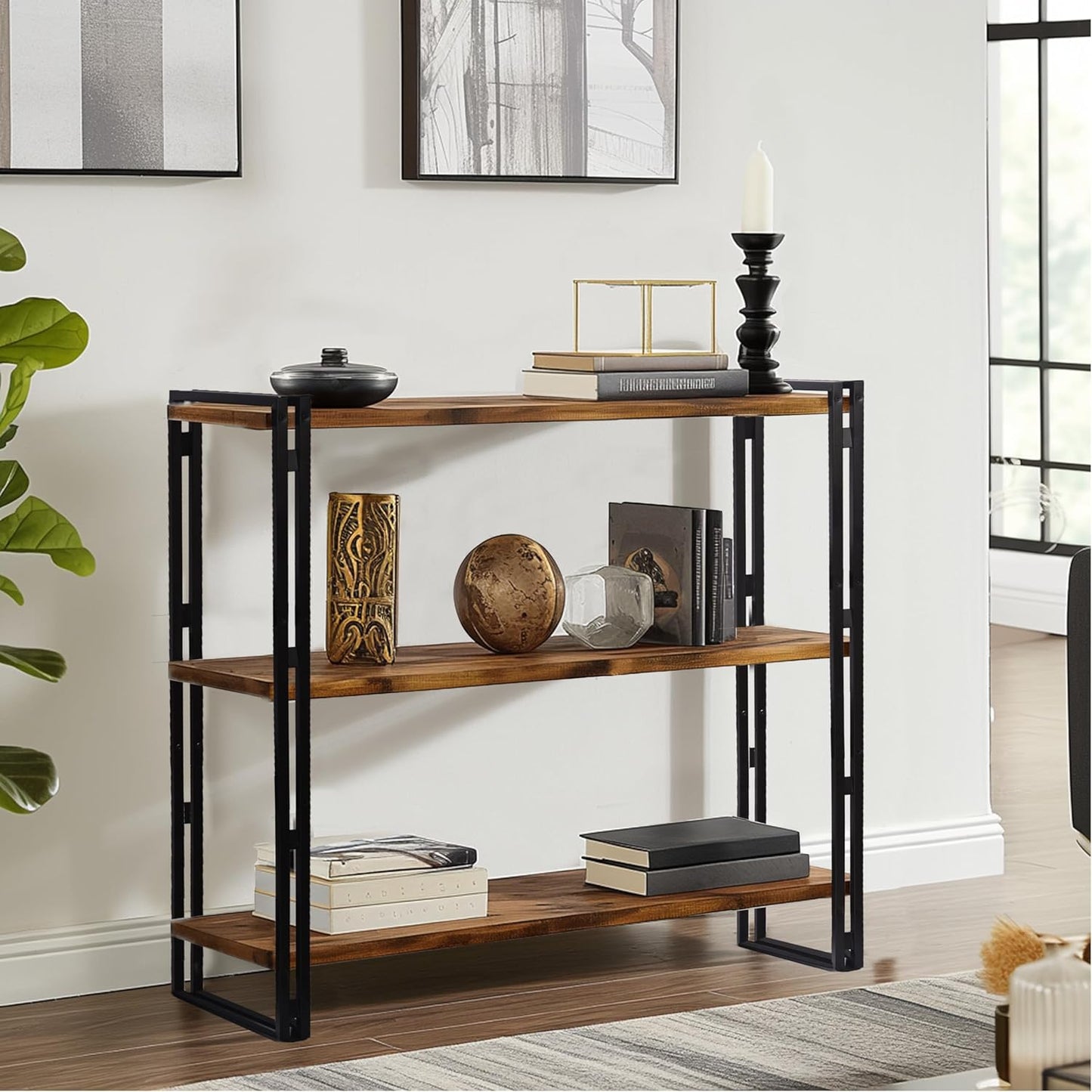 47" 3-Tier Bookshelf Rustic Wood and Metal Industrial Bookshelf for Home Office, Bedroom, Kitchen, Bathroom (Rustic Brown, 3-Tier)