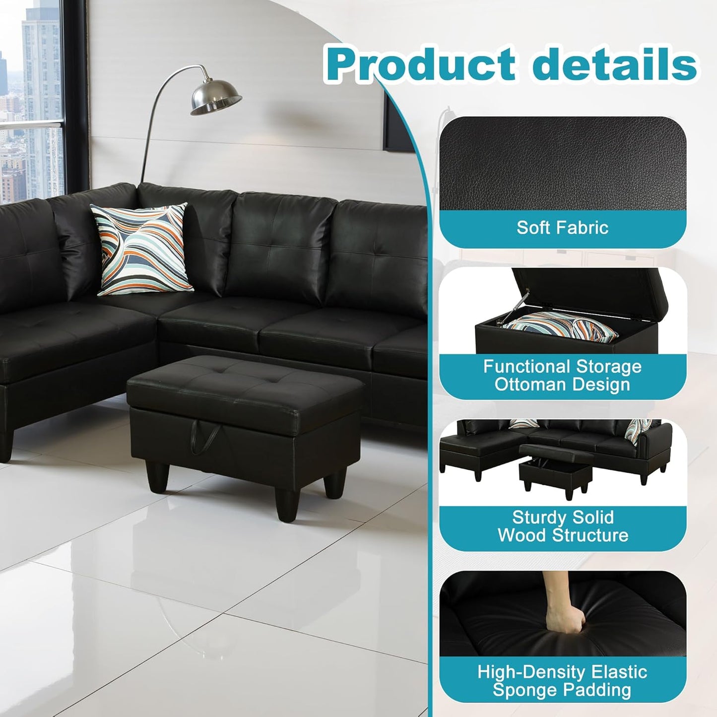 L Shaped Couch Faux Leather Sectional Couch Upholstered 3 Pieces Sofas for Living Room with Chaise, Storage Ottoman for Office and Small Apartment, Classic Black