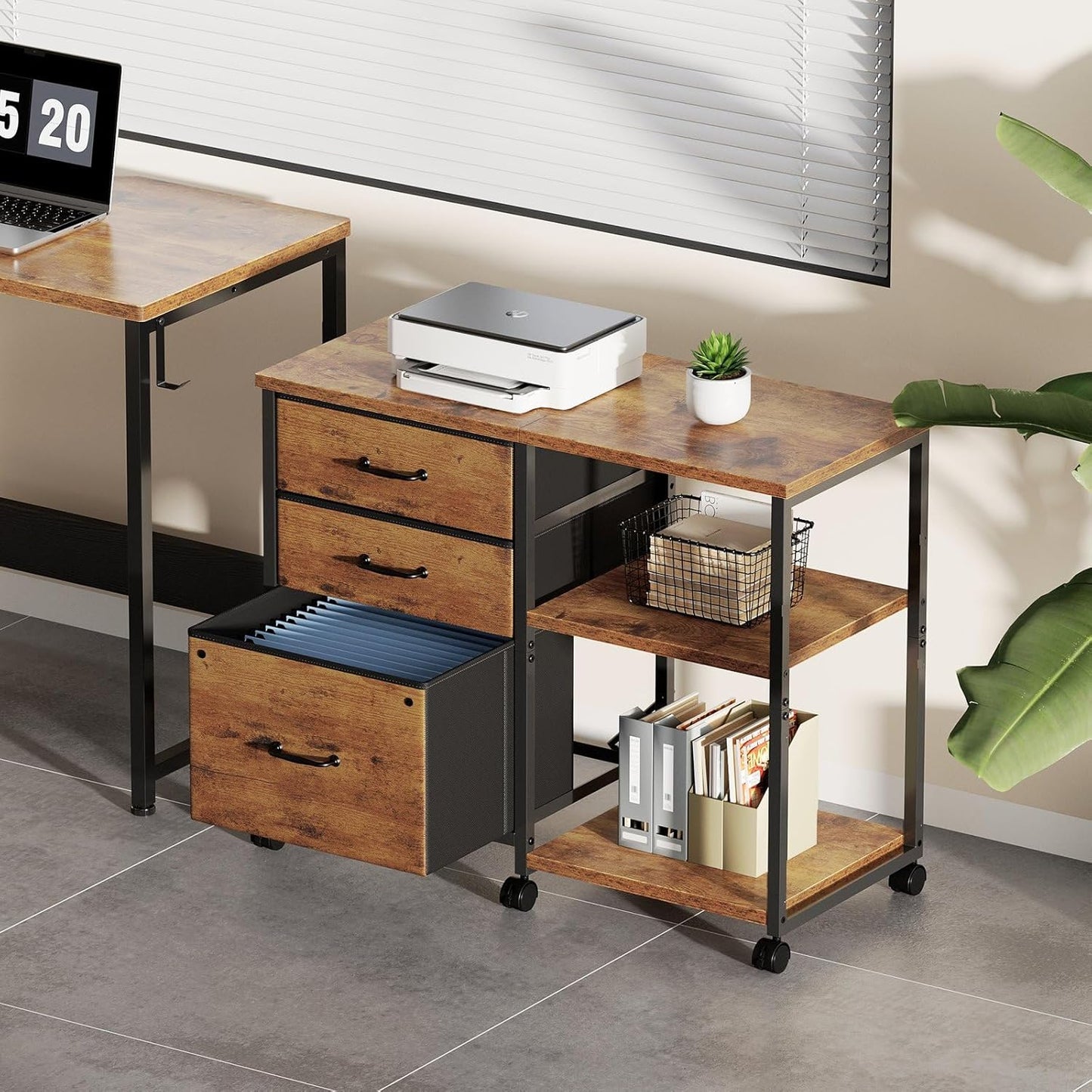 3 Drawer File Cabinet with Wheels Rolling Printer Stand with Open Storage Shelf Fabric Lateral Filing Cabinet for Home Office,Rustic Brown2