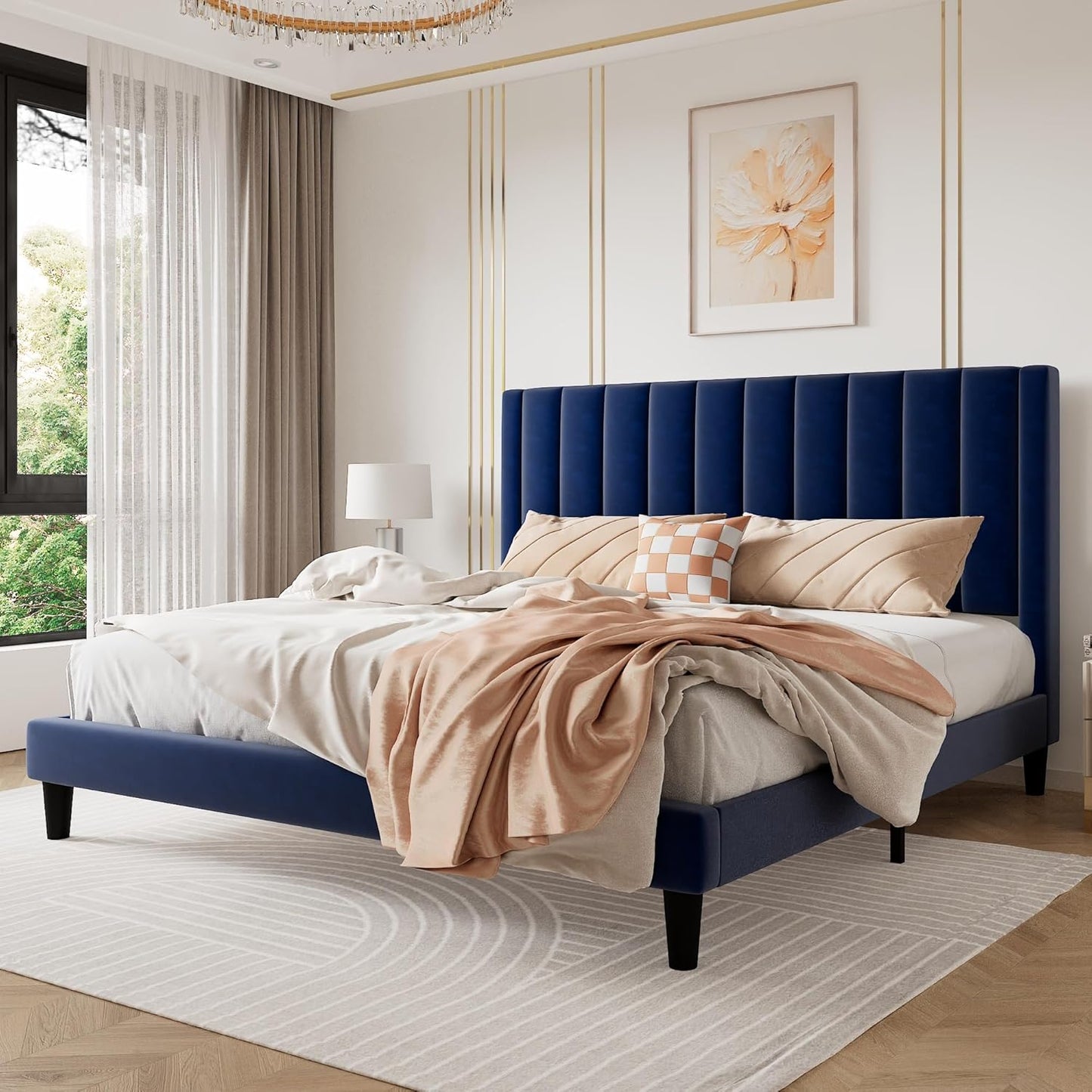 SHA CERLIN King Bed Frame/Velvet Upholstered Platform Bed Frame with Headboard/Strong Wood Slats Support/Mattress Foundation/No Box Spring Needed - Dark Blue