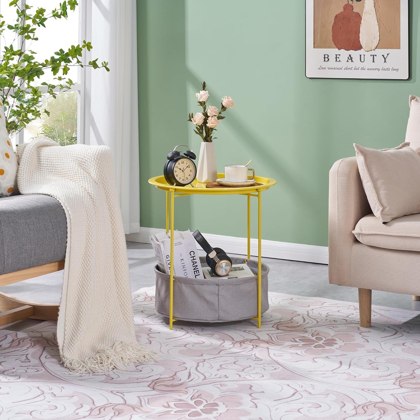 VECELO Round Side/End Table with Fabric Storage Basket，Metal Anti-Rust and Waterproof Small Bedside Nightstand with Removable Tray Top for Living Room，Balcony & Laundry，Yellow /2pcs with Basket