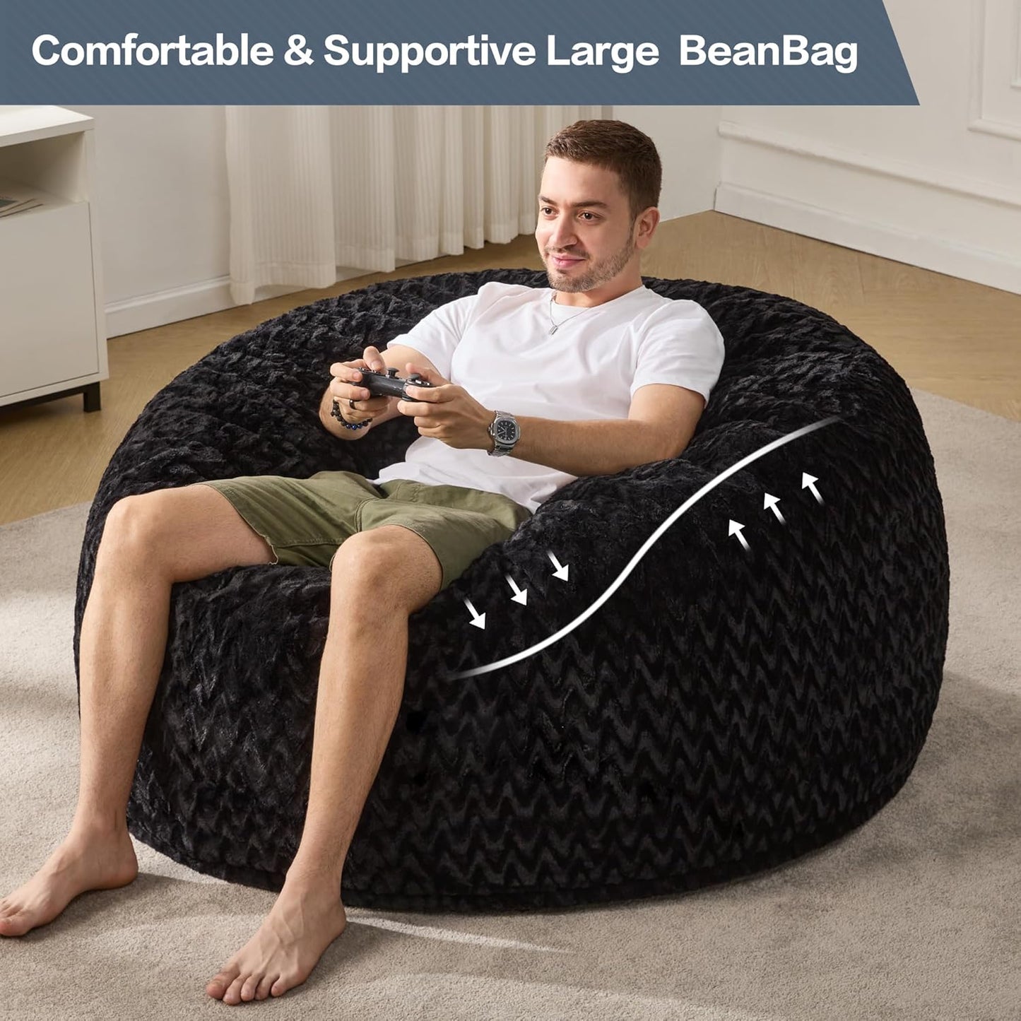 Hobestluk 4ft Bean Bag Chairs for Adults Large Beanbag Chair with Chevron Plush Fur Cover Big Bean Bag Chair for Living Room Bedroom Dorm Office - Black (44” x 44” x 24”)