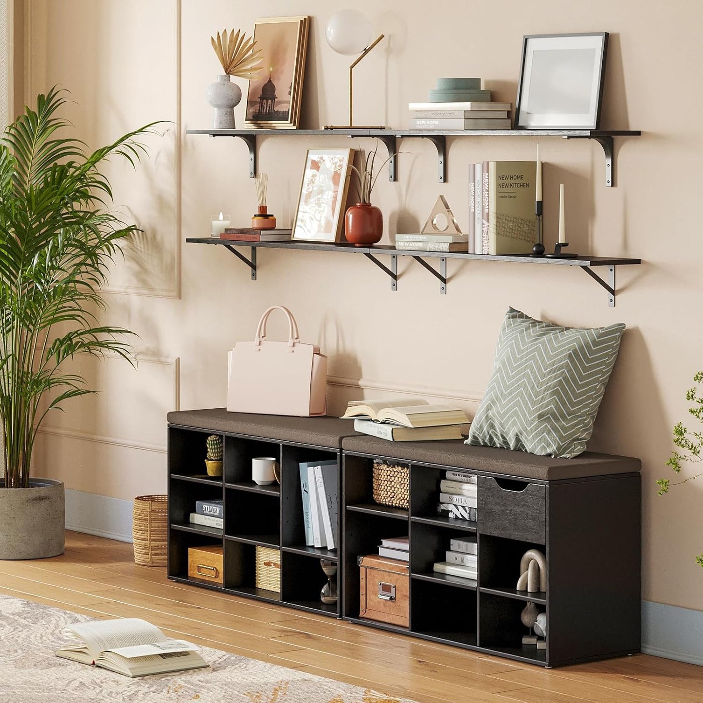 DINZI LVJ Shoe Bench,Entryway Storage Bench with Drawer and 8 Cubbies,Cubby Rack Adjustable Shelves,Shoe Organizer Cabinet for Living Room,Bedroom,Mudroom,Closet Garage,Espresso