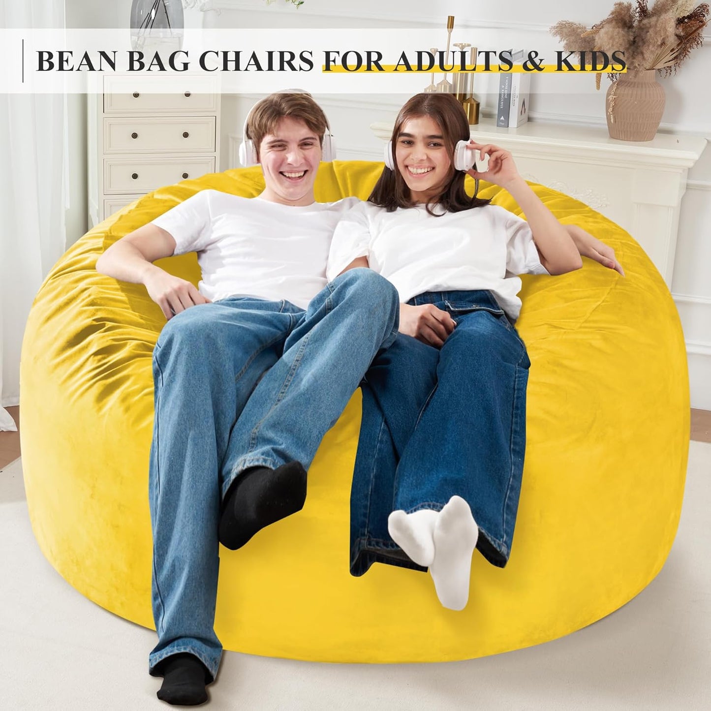 Homguava 5 FT Bean Bag Chair: 5' Bean Bags with Memory Foam Filled, Large Beanbag Chairs Soft Sofa with Dutch Velvet Cover-Mustard
