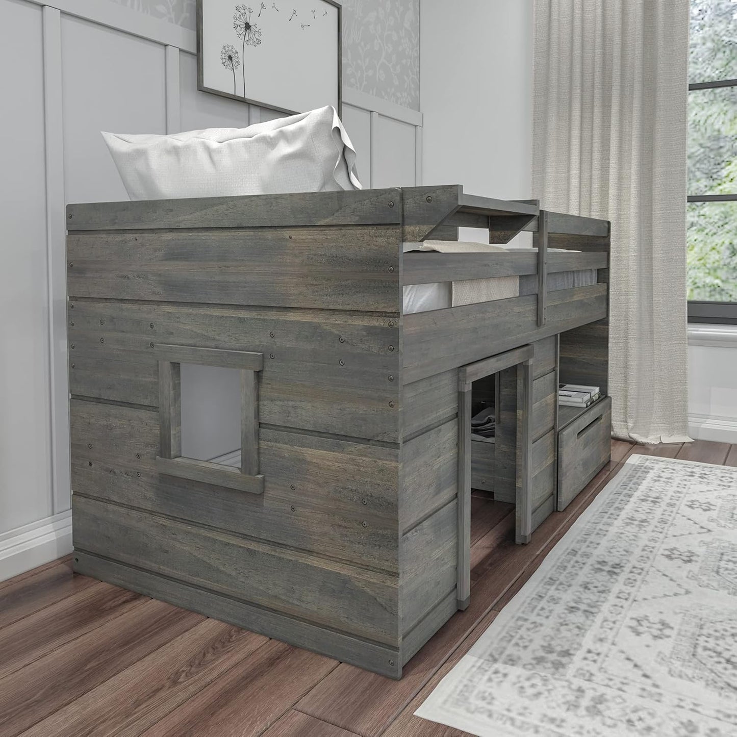 Max & Lily Loft Bed Twin Size, Solid Wood Low Loft Bed with Storage Drawer and Ladder, Modern Farmhouse Loft Bed for Kids, Driftwood