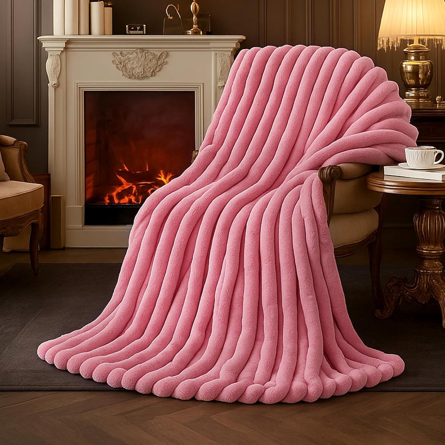 Amélie Home Faux Fur Throw Blanket for Couch, Cozy Fuzzy Fluffy Fur Luxurious Soft Striped Plush Gift Blankets for Family Sofa Chair Bed Living Room Bedroom, 55"x70", Pink
