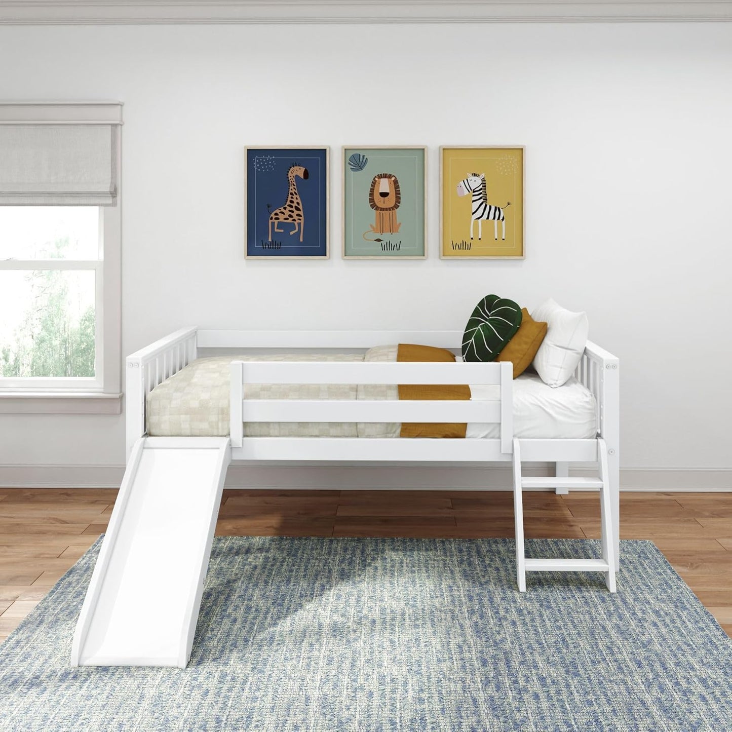 Max & Lily Twin Ultra Low Loft Bed with Slide and Climbing Ladder, Solid Wood Bed for Kids, Space Saving Design for Small Rooms, Twin Size Loft Bed with 14 Inch Guardrails, Anti Slip Steps, White
