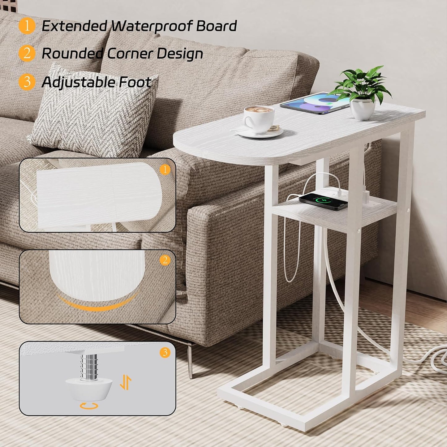 C Table End Table with Charging Station, Couch C Shaped Side Table for Living Room, Bedroom, Laptop Table with USB Ports and Type-C Port, Snack Tray Table for Couch