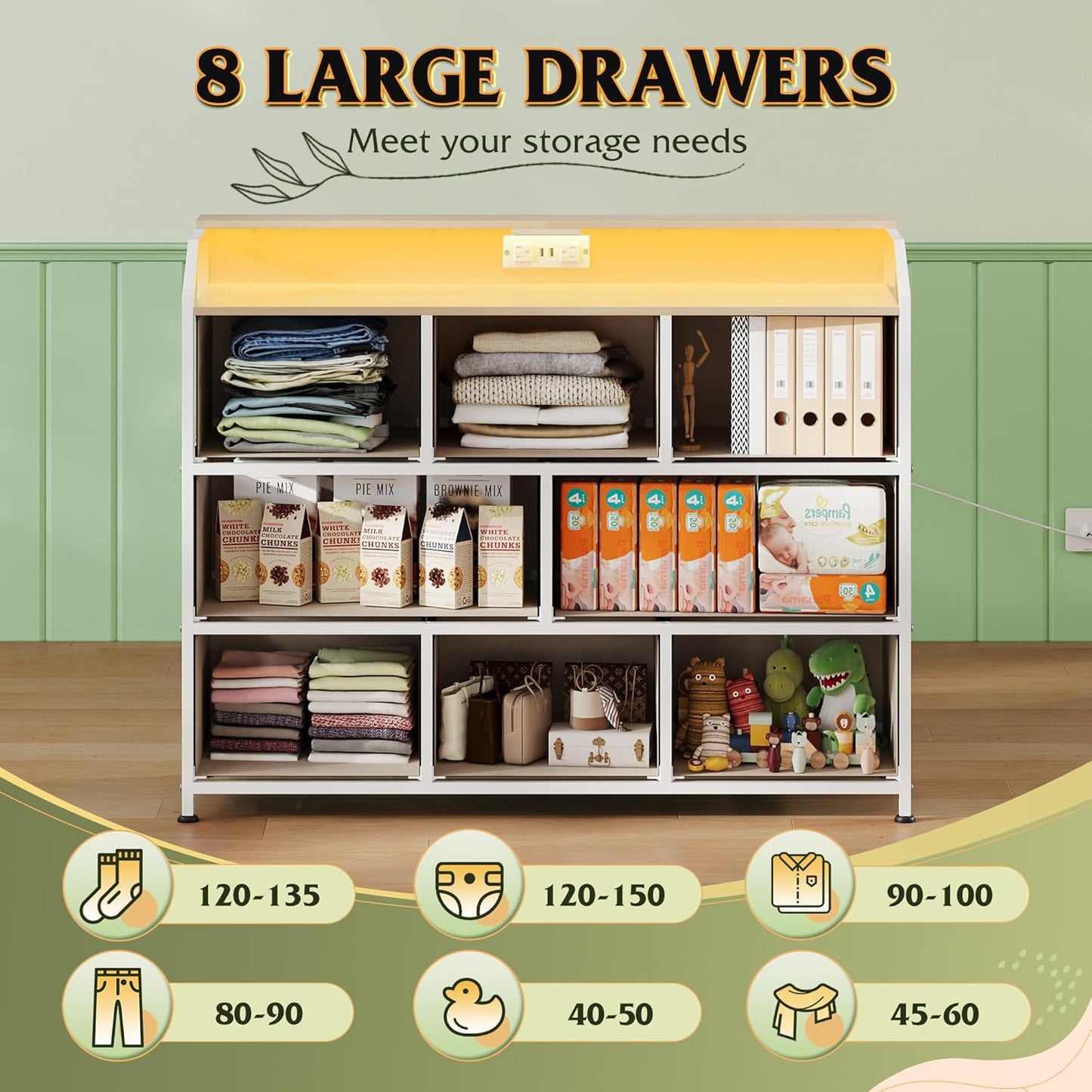 WLIVE Dresser TV Stand with Power Outlets, Led Dresser for Bedroom, Fabric Chest of Drawers with Open Shelves, Wood Top, Steel Frame, 6 Drawer Dressers for Closet, Living Room, Light Grey