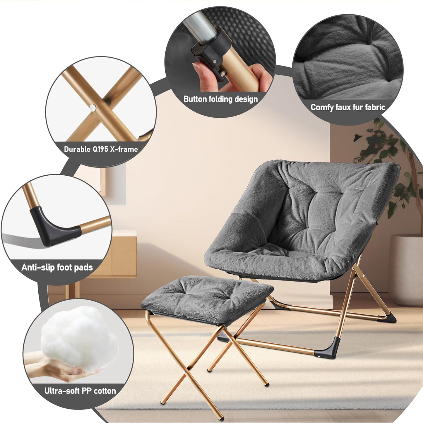 Comfy Oversized Saucer Chair with Ottoman,Soft Faux Fur Reading Lounge Chair for Adults,Stable X-Large Metal Frame and Non-Slip Pad,Cozy Chair for Bedroom, Living Room, Dorm, Dark Gray