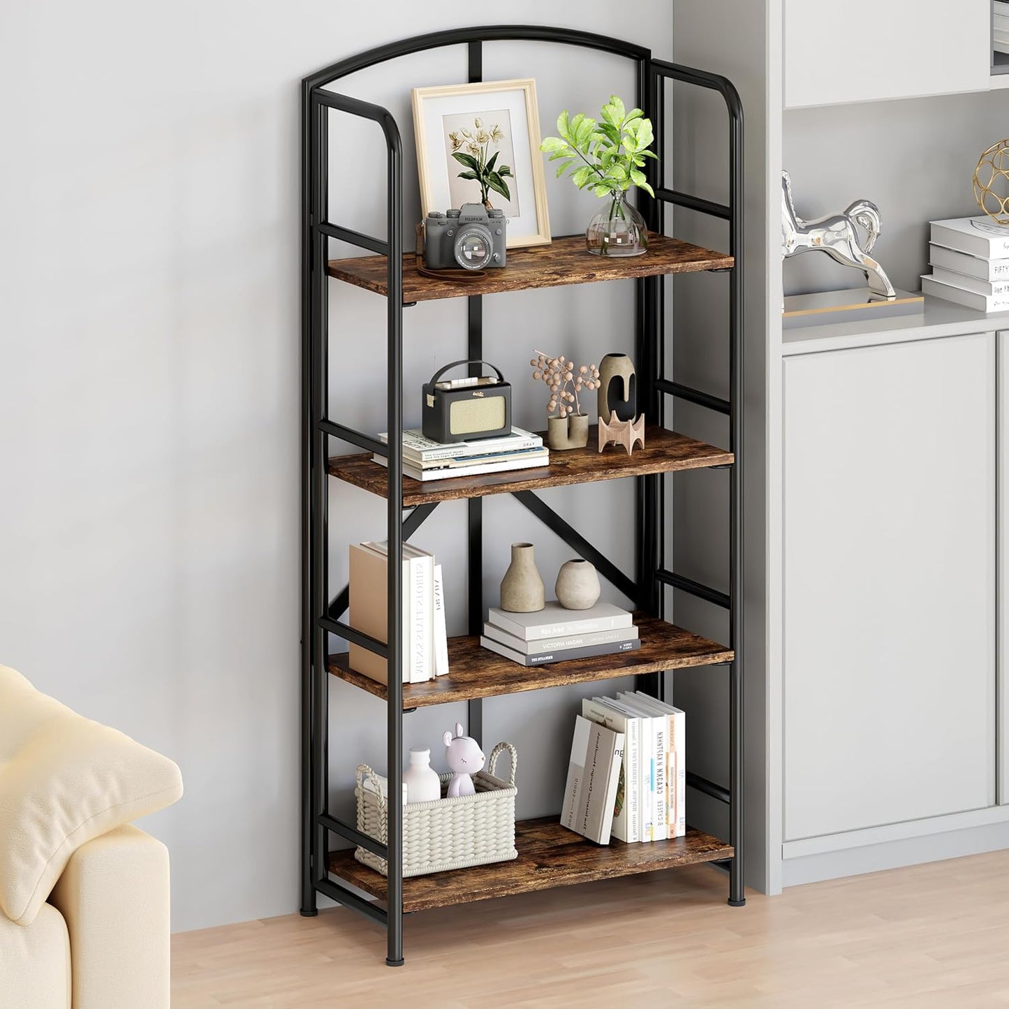 No-Assembly Folding Bookshelf Storage Shelves 4 Tiers Vintage Multifunctional Plant Stand Storage Rack Shelves Bookcase for Home Office