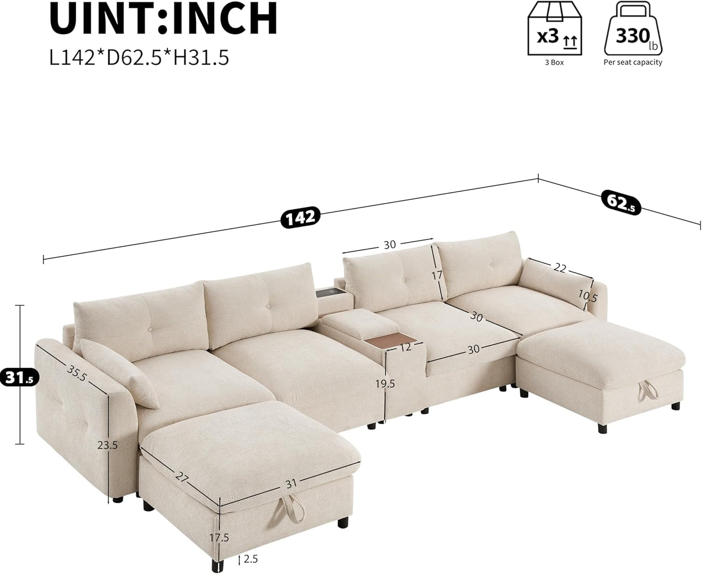 Merax 142'' Modular Sectional Sofa Set with Movable Storage Ottoman and Console, Cup Holder, Wide Seat, 6 Seat U Shaped Couch, Oversized Chenille Sofa with USB Charger for Living Room, Beige