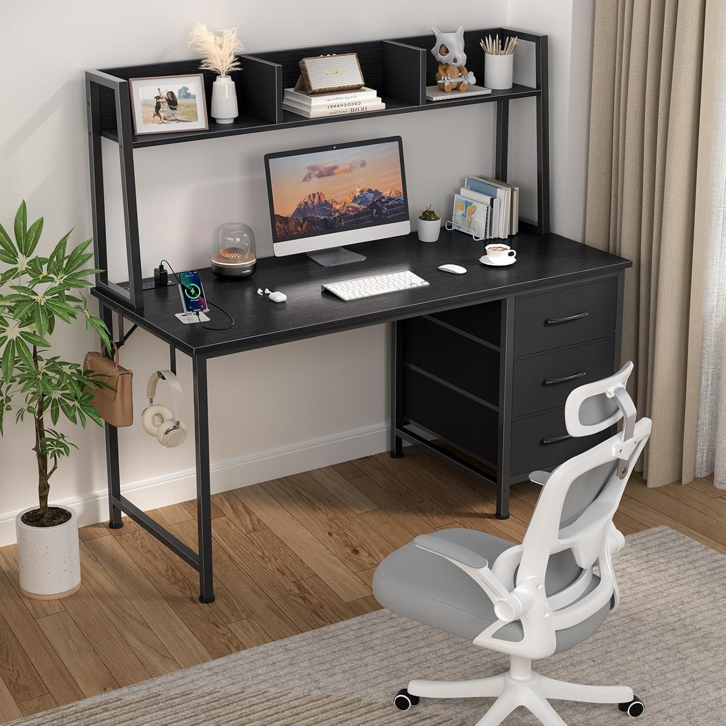 Black Computer Desk with Hutch & Drawers - Office Desk with 3 Storage Drawers and Power Outlets, 47 Inch Modern Study Writing Desk for Bedroom Home Office