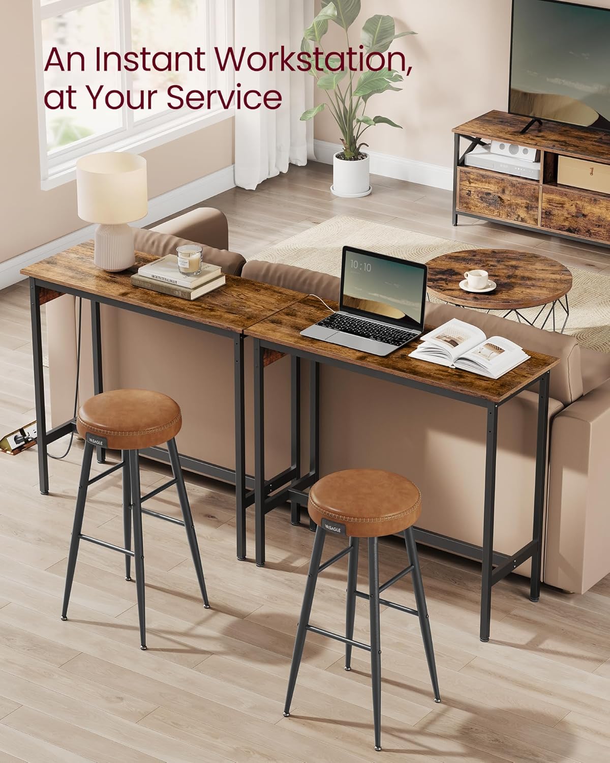 VASAGLE Bar Table, Narrow Long Kitchen Dining Table with Charging Station, Sturdy Metal Frame, Industrial, 15.7 x 39.4 x 35.4 Inches, Rustic Brown and Ink Black ULBT101K01