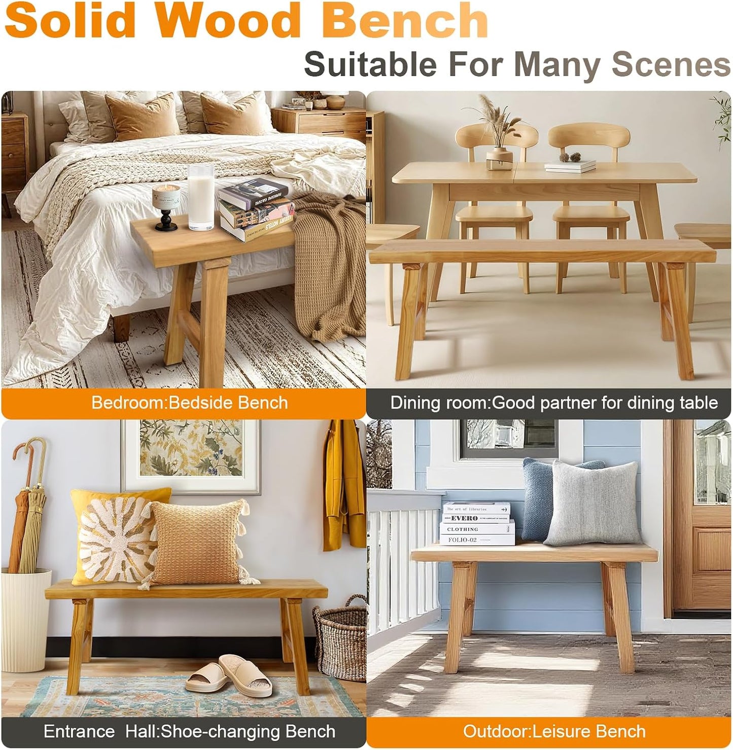 Farmhouse Solid Wood Bench: Long Rustic Indoor Narrow Wooden Bench for Entryway,Living Room, Dining Room,End of Bed,Hallway (20" Lx10 Wx18 H)