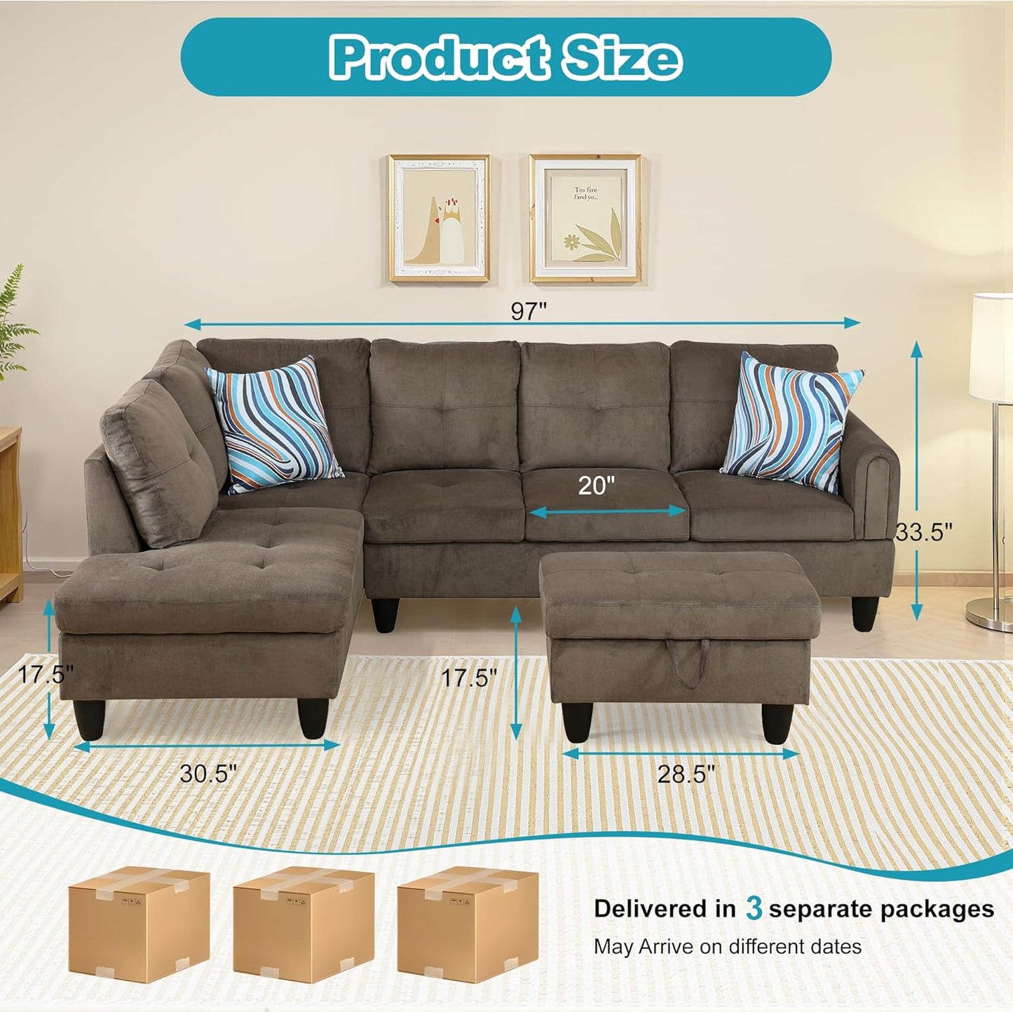 L Shaped Couch Modern Sectional Couch Upholstered Velvet Fabric 3 Pieces Sofas for Living Room with Chaise, Storage Ottoman for Office and Small Apartment, Brown Pineapple