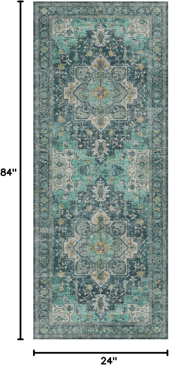 GENIMO 2x7 Runner Rugs for Hallway, Machine Washable Non Slip Vintage Rugs, Low Pile Lightweight Soft Print Rug for enrtyway, Corridor, Home Office, Kitchen, Dark Green