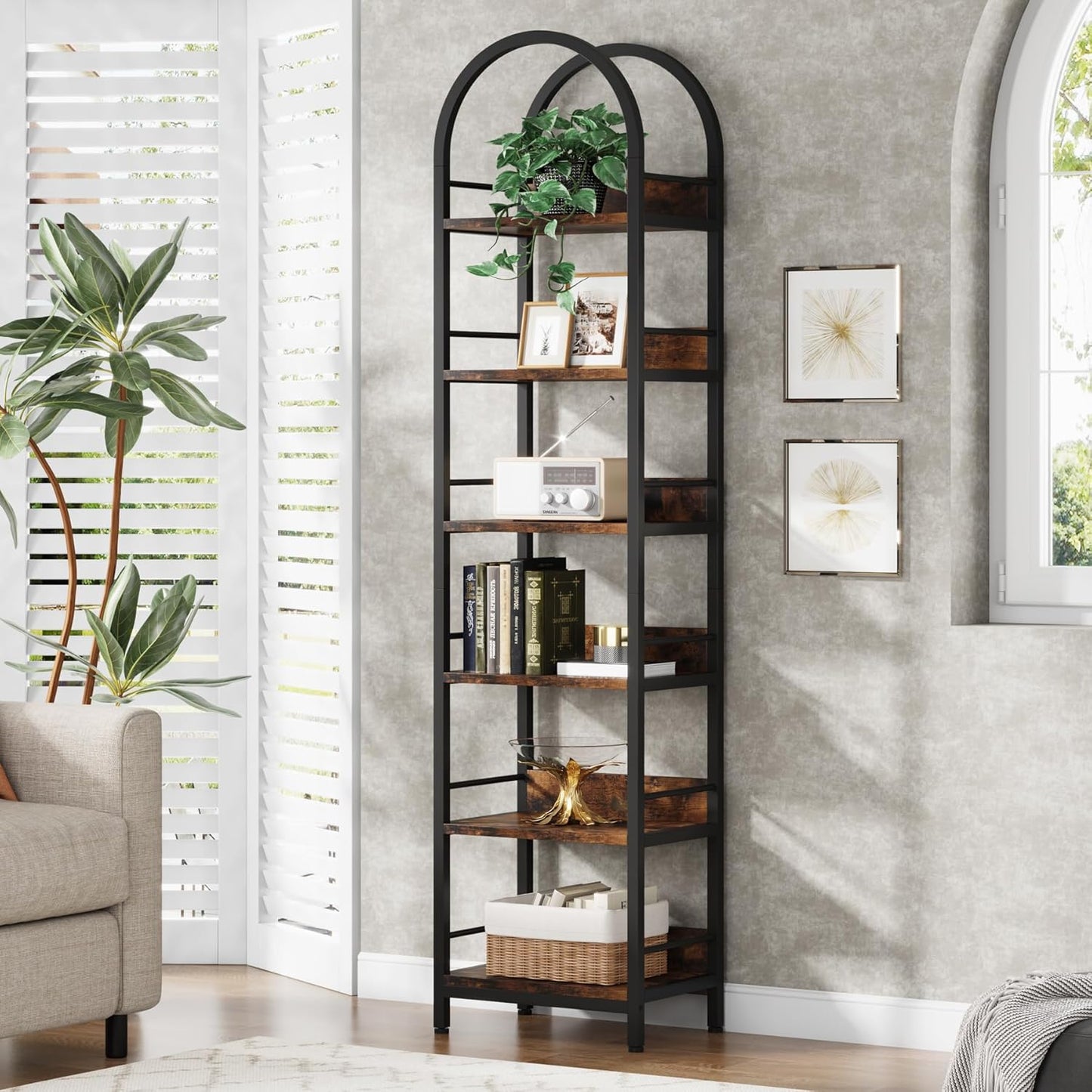 LITTLE TREE 78.7 Inches Tall Arched Bookshelf, 6 Tiers Skinny Open Bookcase with Metal Frame, Freestanding Corner Display Shelves Rack for Living Room, Home Office, Brown