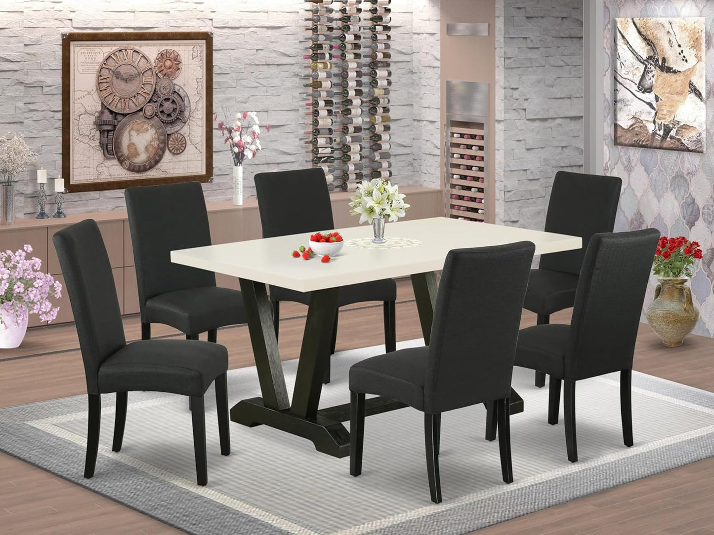 East West Furniture V626DR124-7 7 Piece Dining Set Consist of a Rectangle Dining Room Table with V-Legs and 6 Black Color Linen Fabric Upholstered Chairs, 36x60 Inch, Multi-Color