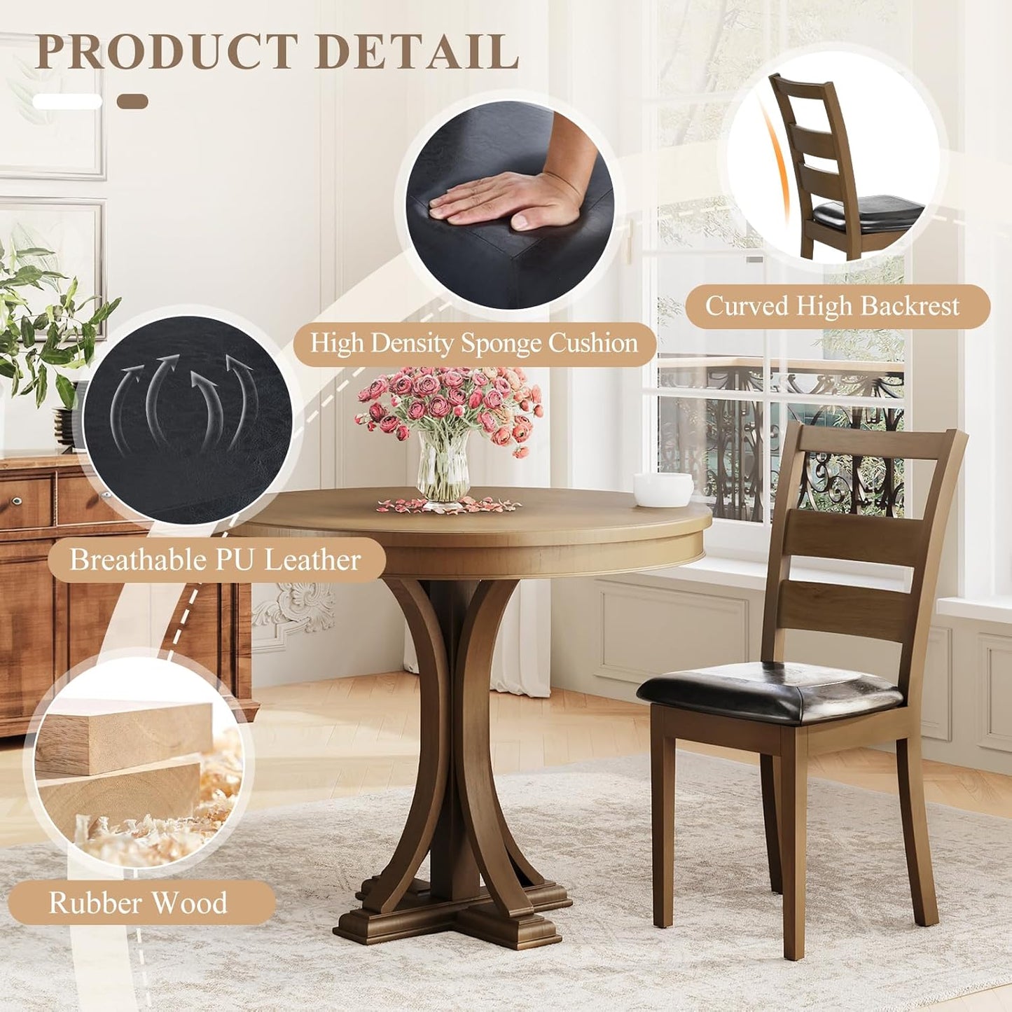 COLAMY Upholstered Dining Chairs Set of 6, PU Leather Ladder High Back Dining Room Kitchen Side Chair with Adjustable Foot Pegs, Dark Brown