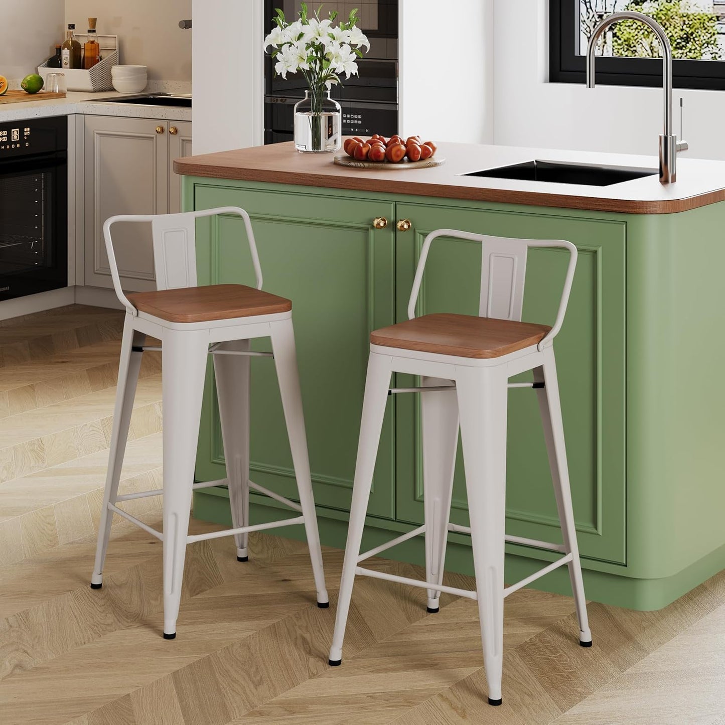 Yongchuang 26 inch Bar Stools Set of 2 Kitchen Counter Height Chairs with Wood Seat Industrial Low Back Metal Barstools Cream White
