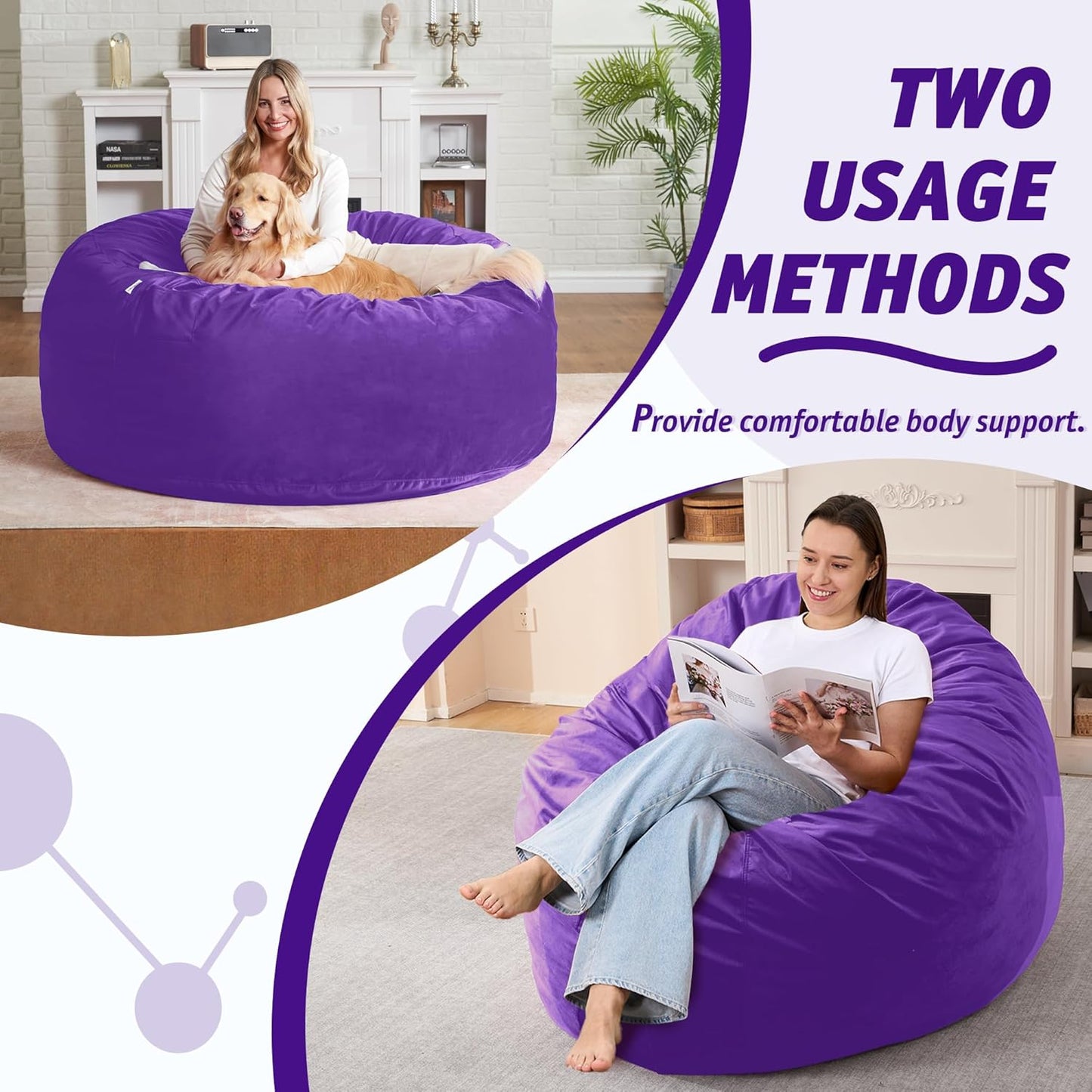 4FT Bean Bag Chair with Ultra Soft Velvet Cover Bean Bag Sofa with Memory Foam Bean Bag Chairs with Large Size Lazy Sofa for Dorm Office Living Room Bedroom Purple 4'