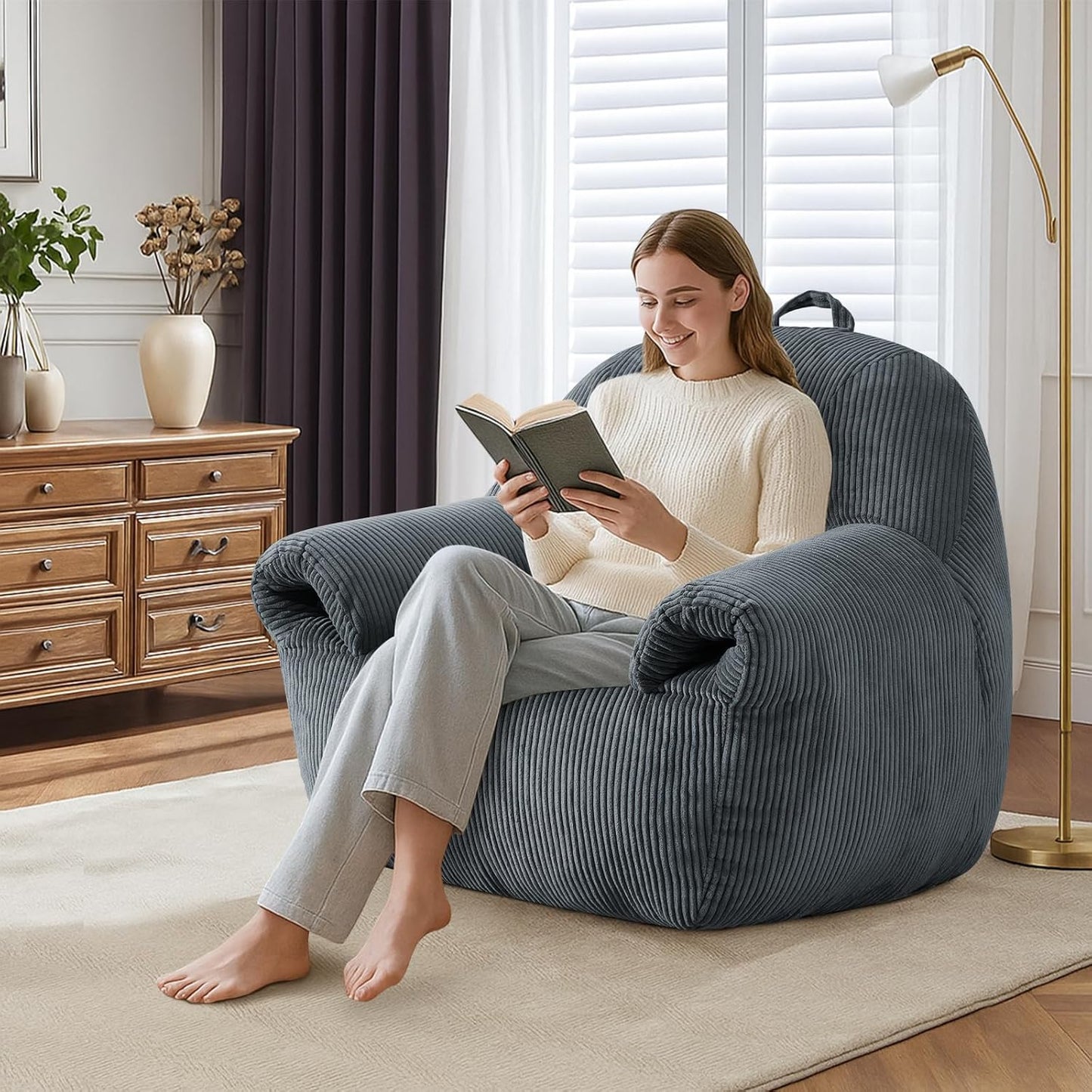 DAICO Bean Bag Chairs for Adults, Giant Bean Bag Chair Comfy Bean Bag Sofa with Handle Corduroy Single Lazy Floor Sofas Accent Chair with Foam for Bedroom Living Room Reading Gaming Grey