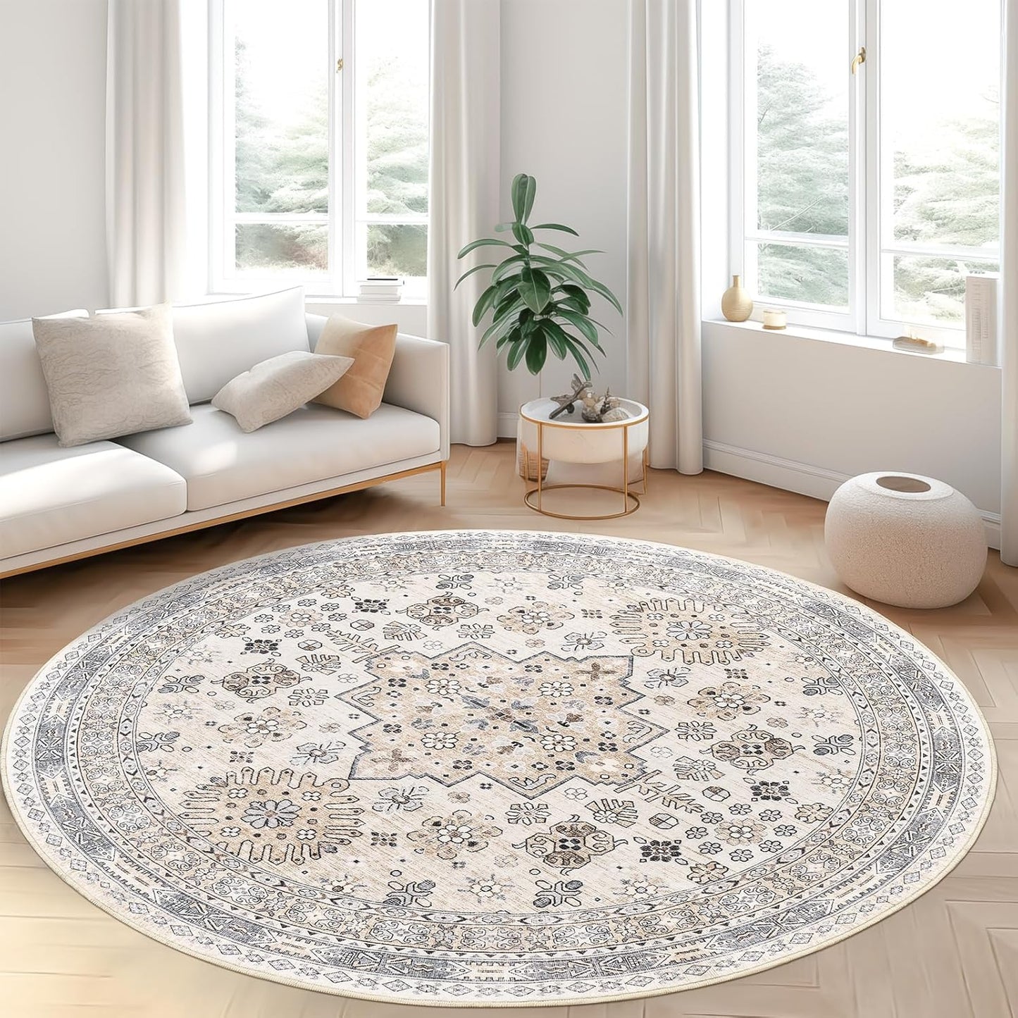 zesthome 8ft Round Rugs for Living Room, Non-Slip Washable Round Area Rugs, Ultra-Thin Large Circle Rugs, Soft Low Pile Rug for Bedroom, Kitchen - Vintage Stain Resistant Round Rug (Beige,8'x8')