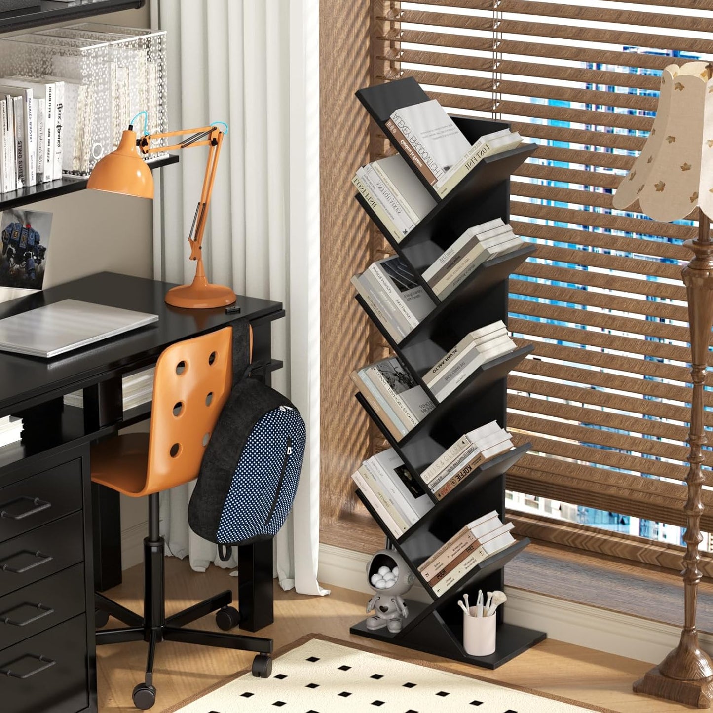 10 Tier Tree Book Shelf, Floor Standing Wood Bookshelf for Narrow Space, Storage Organizer Bookshelves for Books/CDs/Magazine, Bookcase with Shelves for Home Office, Living Room - Black