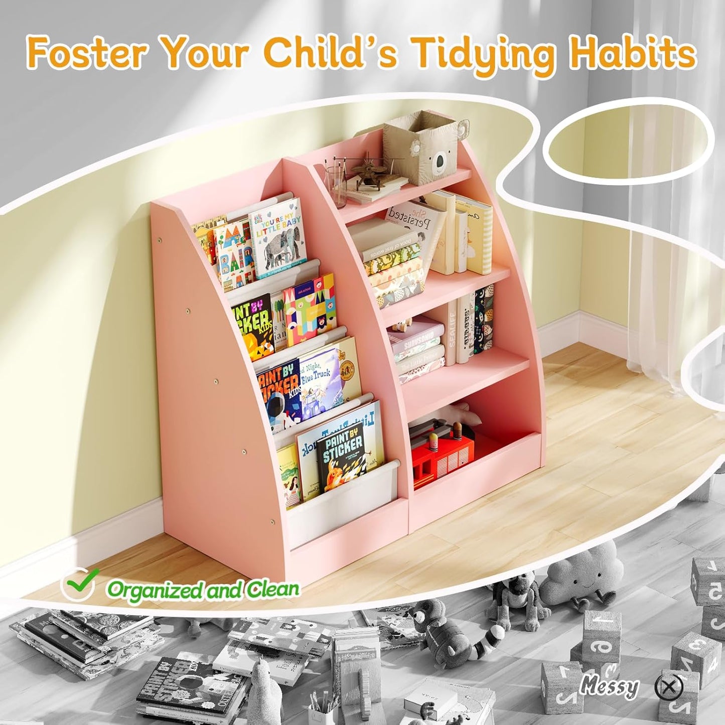 4 Tier Kids Bookshelf,4 Layer Sling Kids Book Shelf for Kids Rooms,Wood Children Bookcase,Baby Storage Book Rack,Toddler Bookshelf, Book and Toy Organizer,Book Display Shelf for Bedroom, Nursery