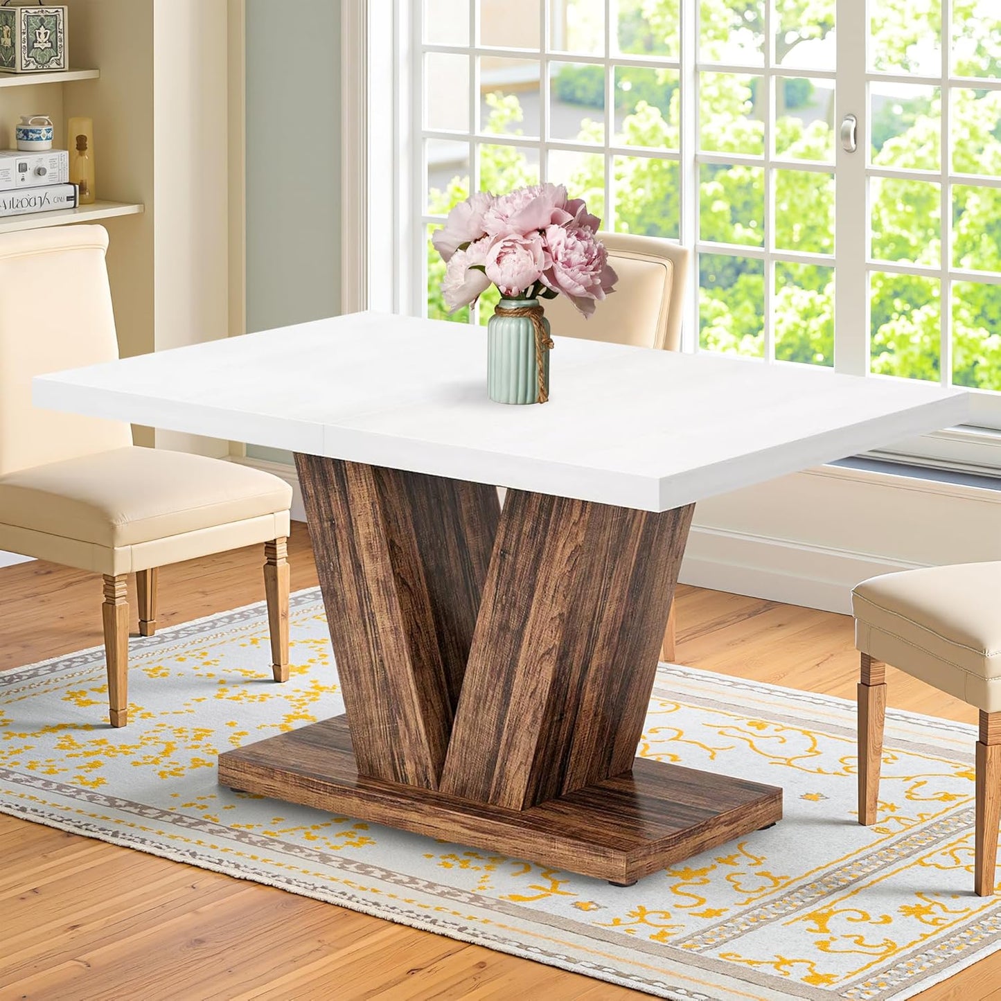 47 Inch Dining Table for 4, Farmhouse Dinner Table Wooden Kitchen Tables with Heavy Duty Pedestal for Dining Room, Kitchen, Living Room, White & Black