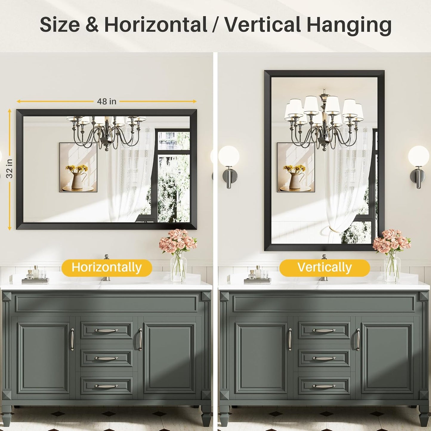 48x32 Inch Black Bathroom Mirror for Wall, Thick Metal Framed Rectangle Mirrors for Over Sink, Bedroom, Living Room, Entryway, Anti-Rust, HD Tempered Glass