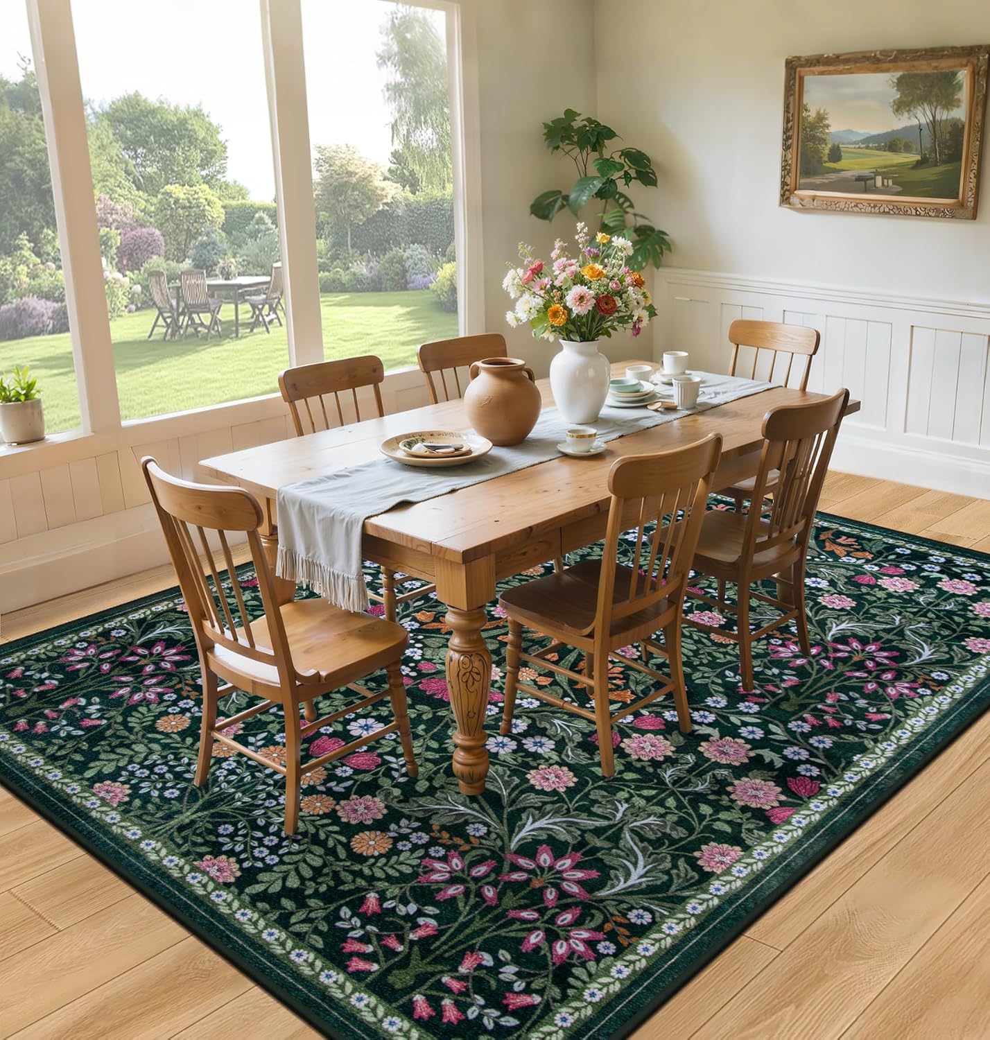 Area Rug Living Room Rugs: Floral 5x7 Washable Rug Vintage Soft Boho Non-Slip Carpet Indoor Floor Stain Resistant Large Carpets for Bedroom Dining Room Farmhouse Nursery Hallway Home Office Dark Green