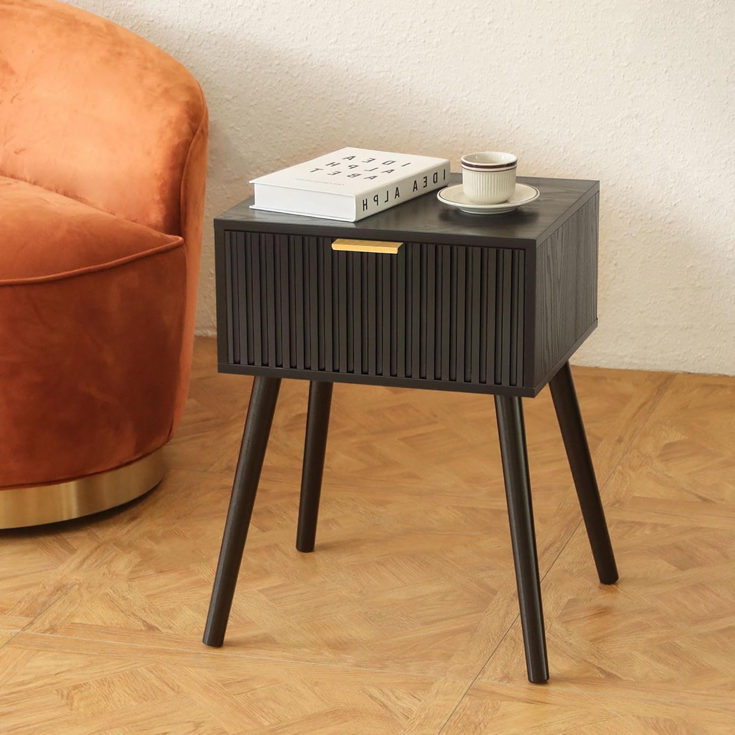 Black Nightstand, Small End Tables Living Room, Accent Bedside Table with Fluted Drawer for Bedroom and Small Space, Black