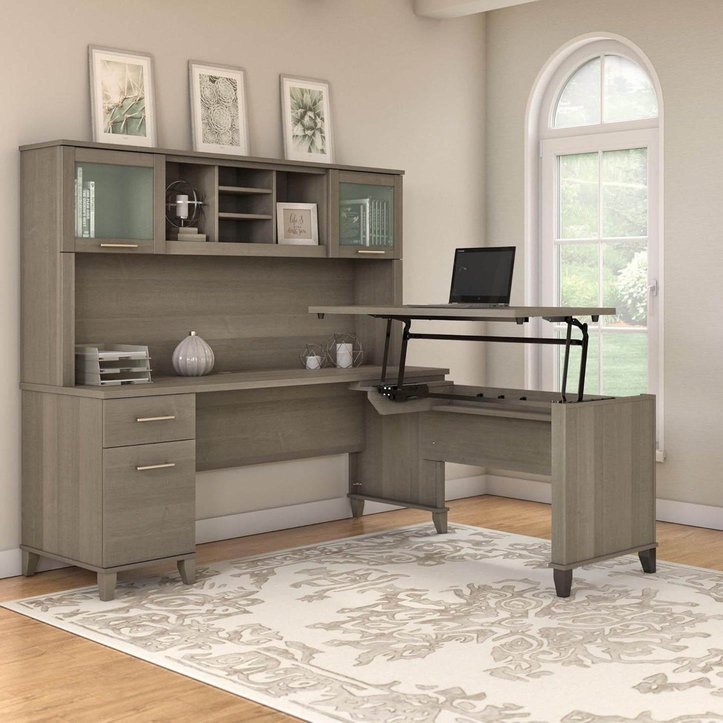 Bush Furniture Somerset 3 Position Sit to Stand L Shaped Desk with Hutch in Ash Gray Ergonomic Height Adjustable Standing Computer/Laptop Table for Home Office