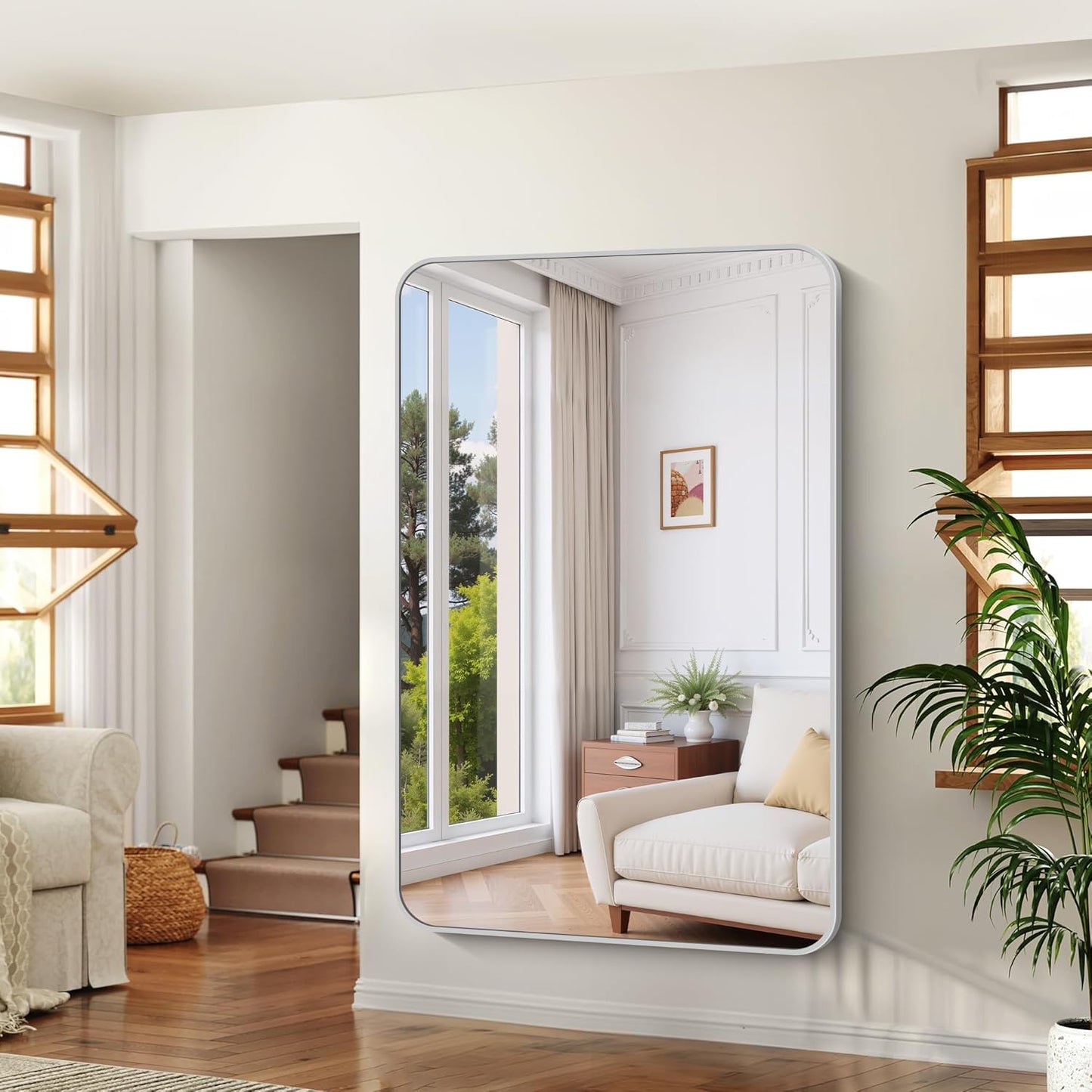 60x40 Inch Silver Bathroom Mirror, Large Rectangle Mirror, Metal Framed Rectangular Vanity Mirror, Rounded Corner Wall Mounted Mirror for Living Room Bedroom Entryway Horizontal or Vertical