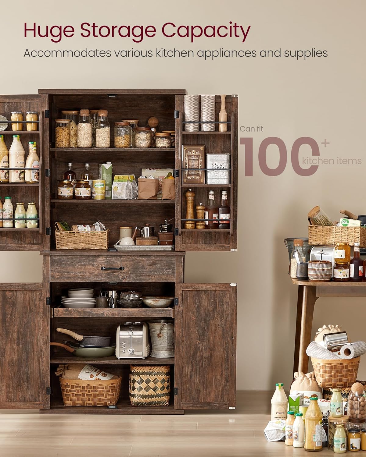 VASAGLE LIRY Collection - Pantry Cabinet, 70.3-Inch Tall Farmhouse Kitchen Storage Cabinet with Barn Doors, Drawer, Tray, Adjustable Shelves, for Kitchen, Dining Room, Hazelnut Brown UBBK364K01