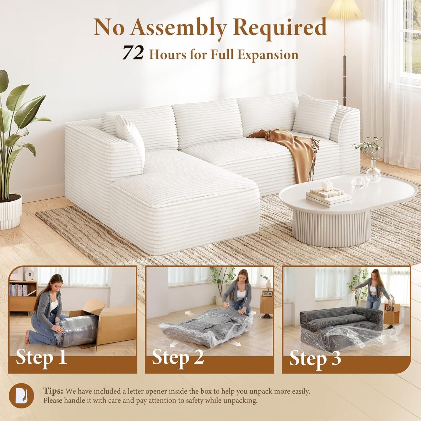 Vesgantti 106" Boneless Couch with Chaise, Deep Seat Comfy Cloud Modular Sofa Corduroy Memory Foam Sectional Couches for Living Room Bedroom, No Assembly Required (Beige, Left-Facing Chaise)