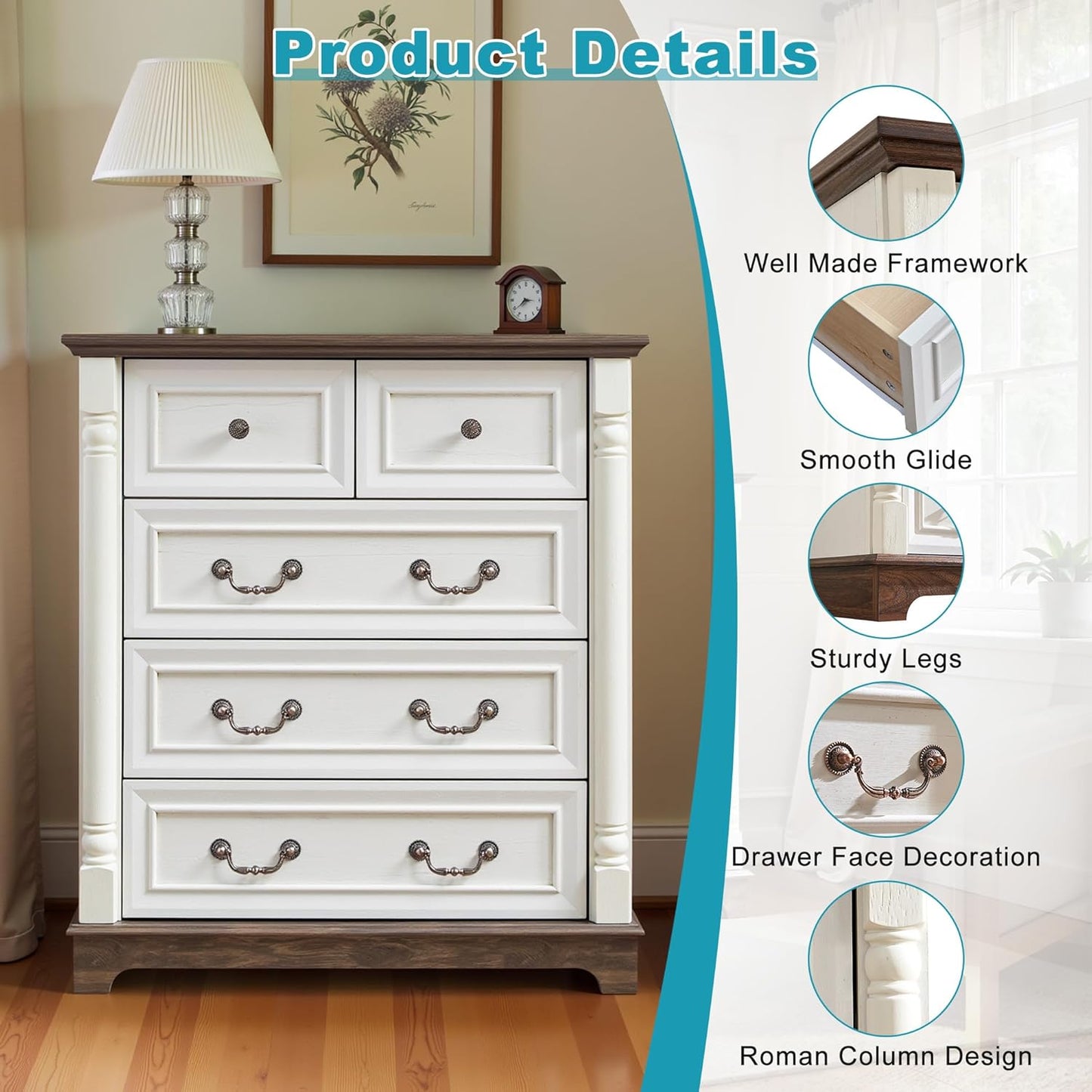 31.5" Farmhouse Sideboard Buffet Cabinet with Storage, Kitchen Buffet Storage Cabinet with 5 Drawers, Modern Wood Accent Sideboard for Living Room, Kitchen, Hallway(Antique White)