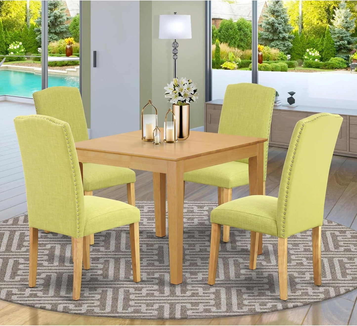 East West Furniture OXEN5-OAK-07 5 Piece Dining Table Set for 4 Includes a Square Kitchen Table and 4 Limelight Linen Fabric Parson Dining Room Chairs, 36x36 Inch, Oak