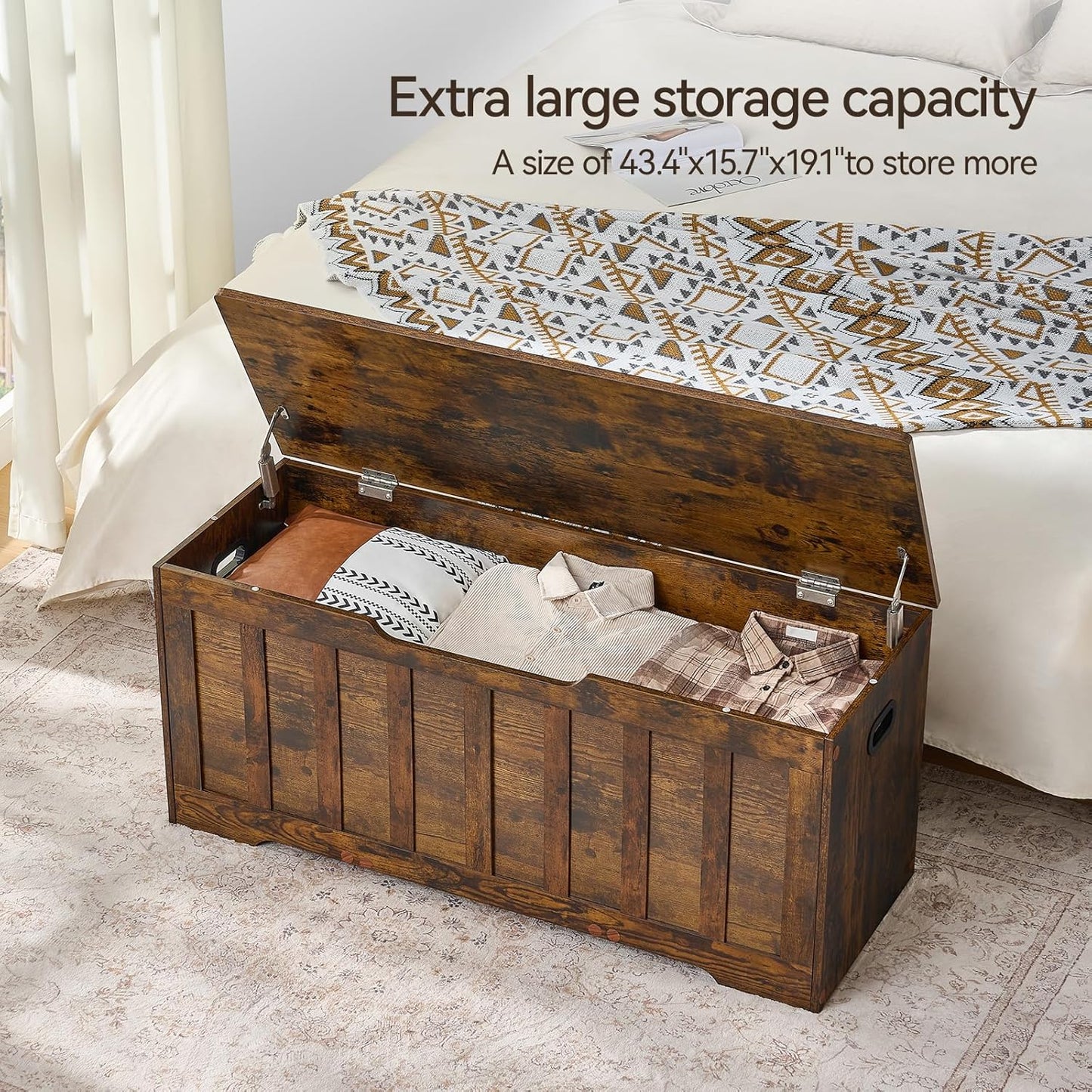43.3"Storage chest extra large,storage trunk with 2 safety Hinges,Wooden storage Bench,Shoe Bench,43.3x15.7x19.1 Inch,Easy Assembly,storage bench for bedroom,living room,entryway,Rustic Brown